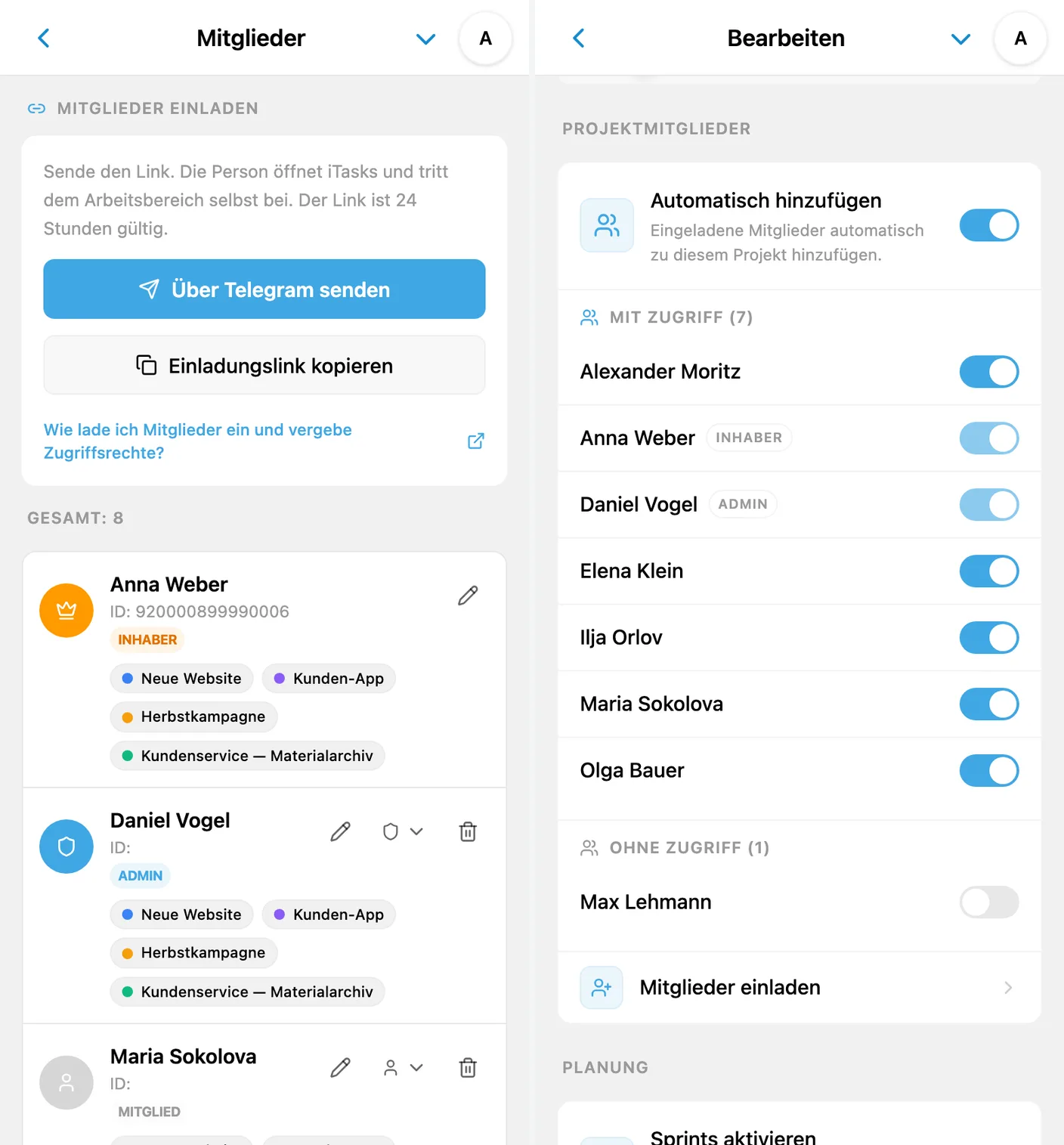 Berechtigungen in iTasks: Arbeitsbereichsrollen und Zugriff auf einzelne Projekte