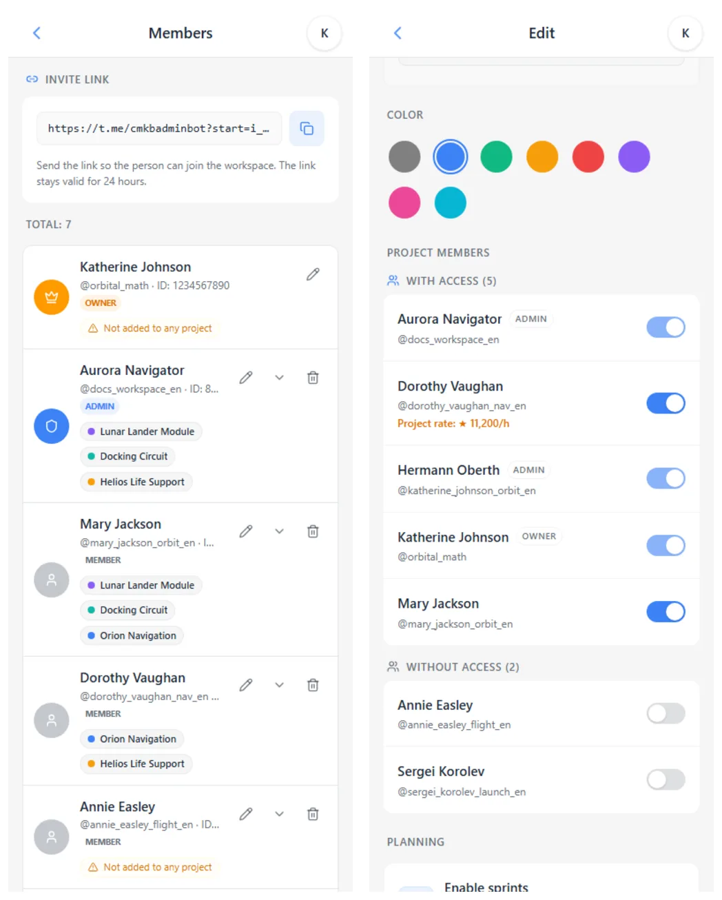 iTasks access permissions: workspace members, OWNER ADMIN MEMBER roles, and project member access