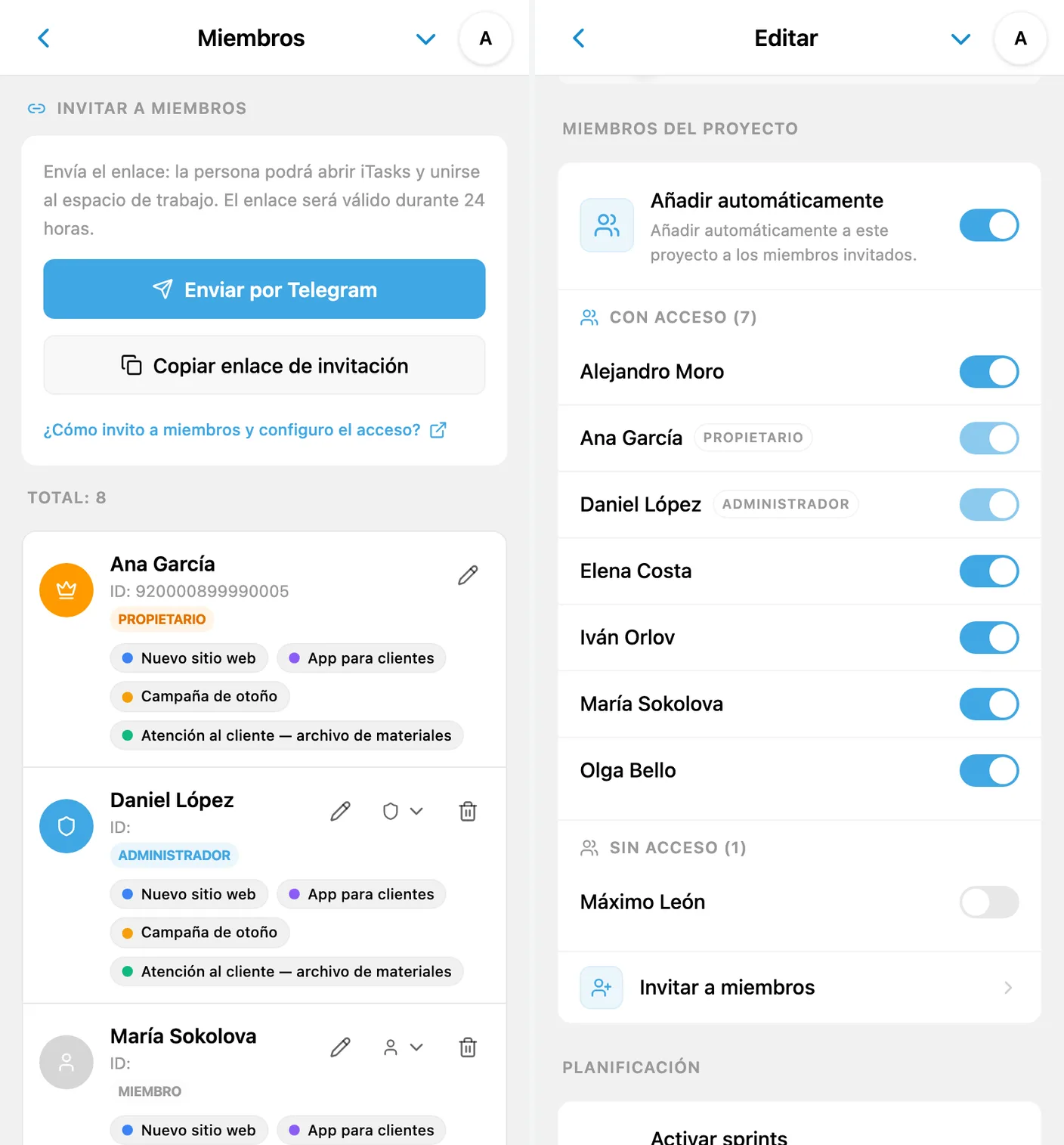 Permisos de iTasks: roles del espacio y acceso a proyectos concretos
