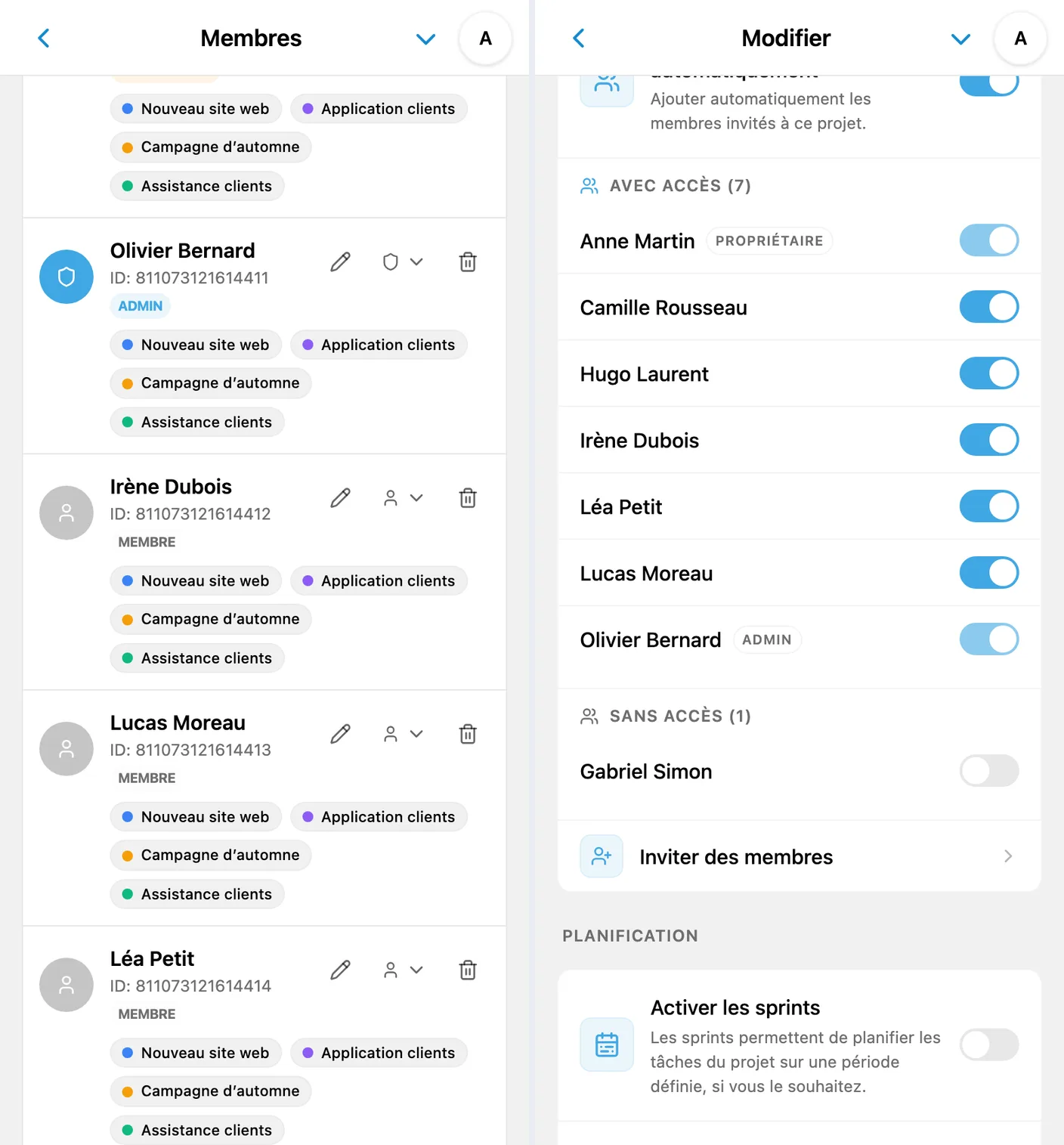 Autorisations iTasks : rôles dans l’espace et accès aux projets