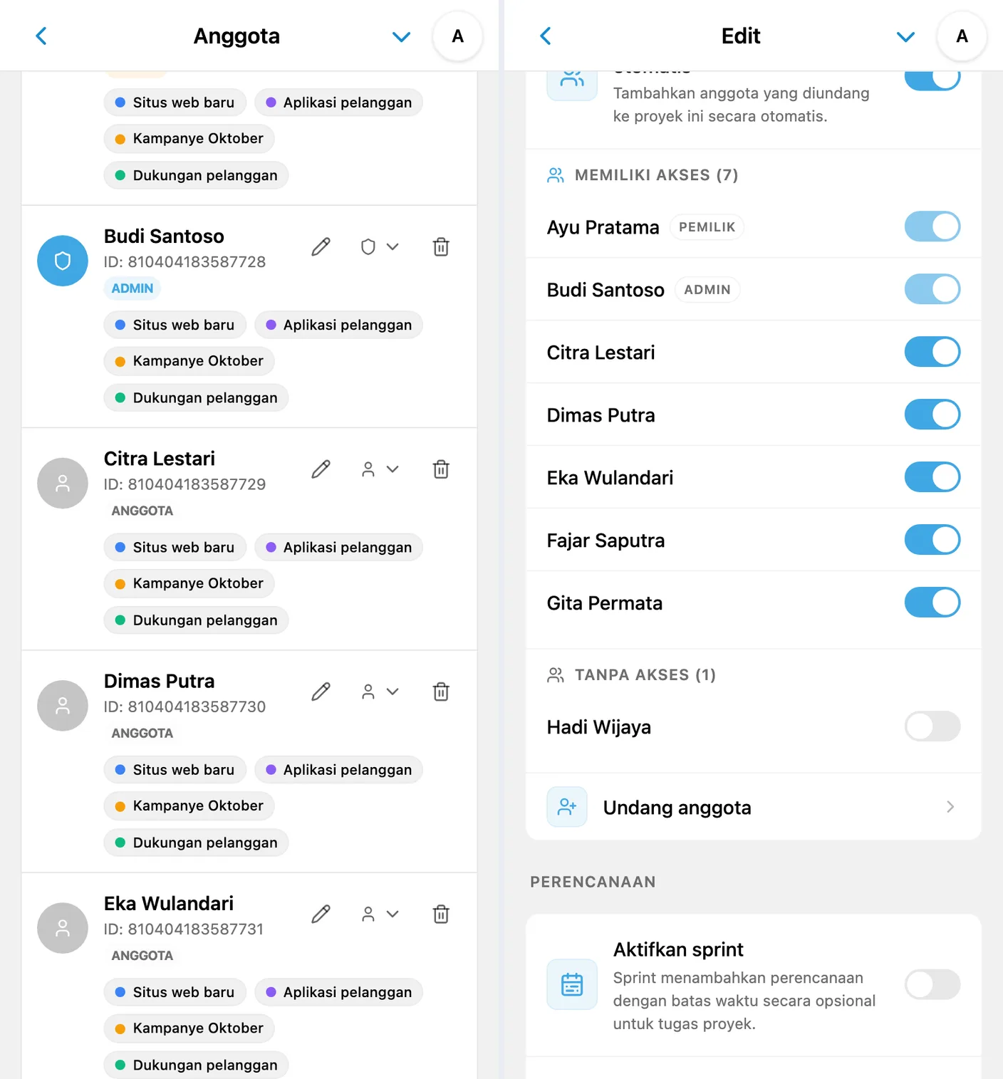 Izin iTasks: peran dalam ruang kerja dan akses proyek