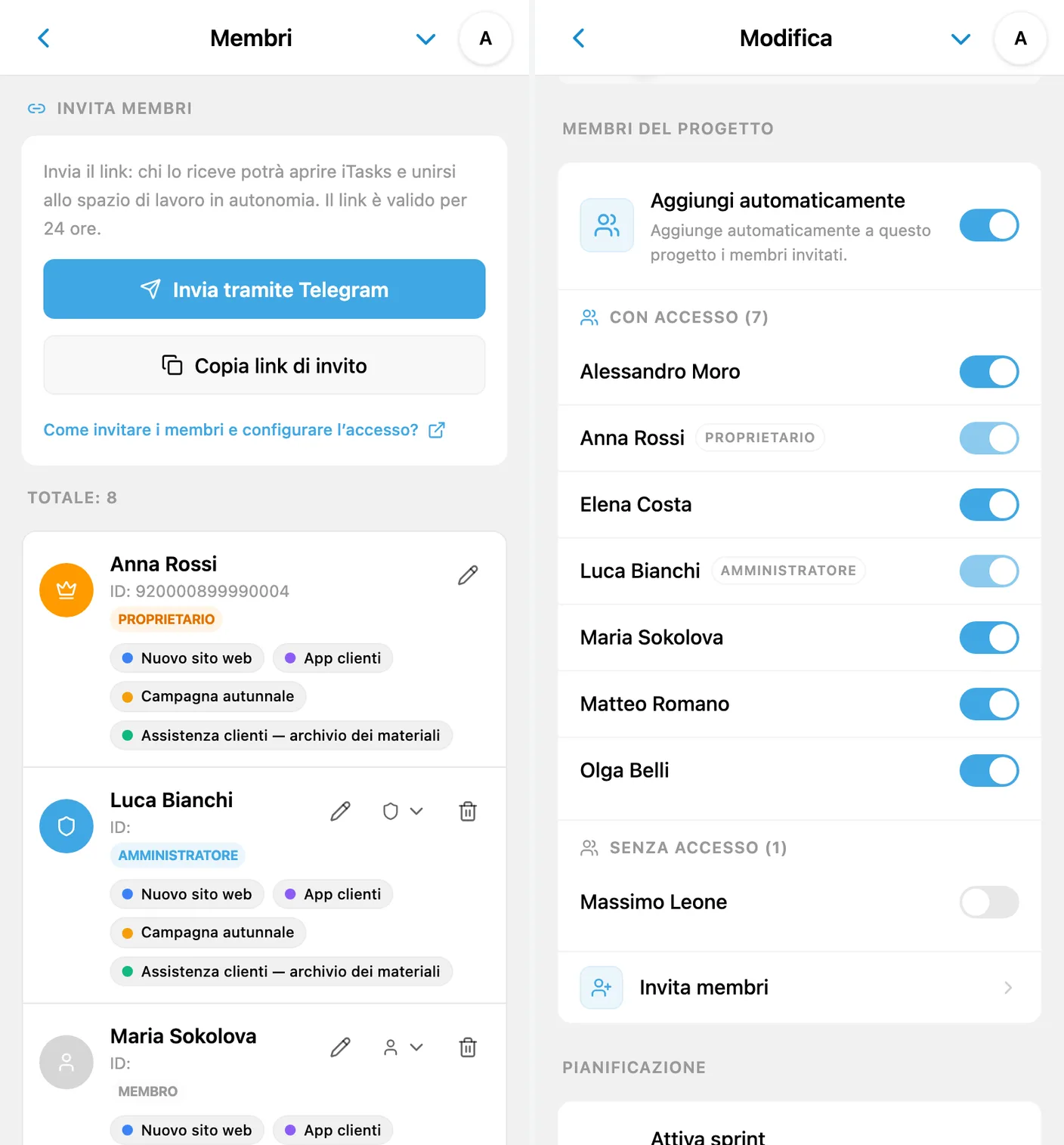 Autorizzazioni iTasks: proprietario, amministratore e membri dello spazio di lavoro, con accessi distinti ai progetti