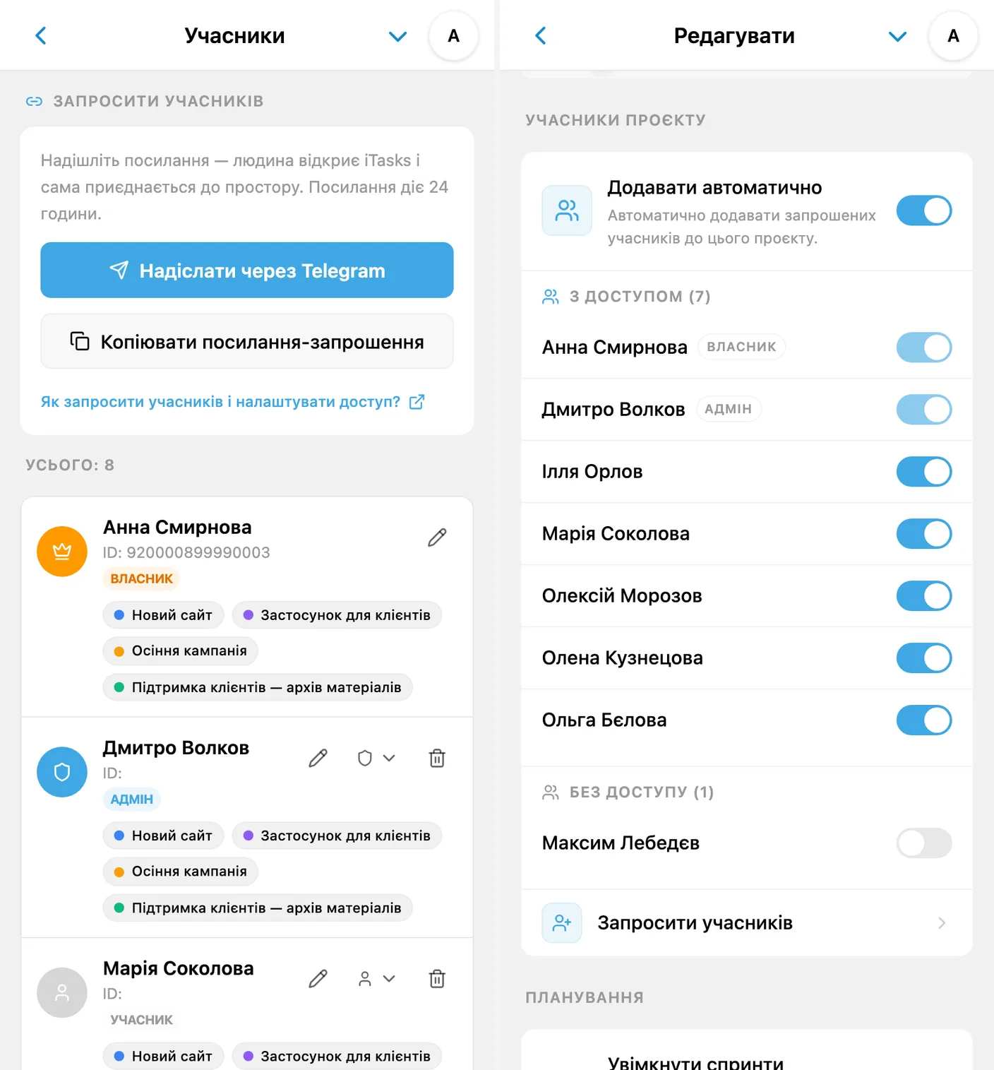 Права доступу iTasks: ролі в робочому просторі та доступ до окремих проєктів