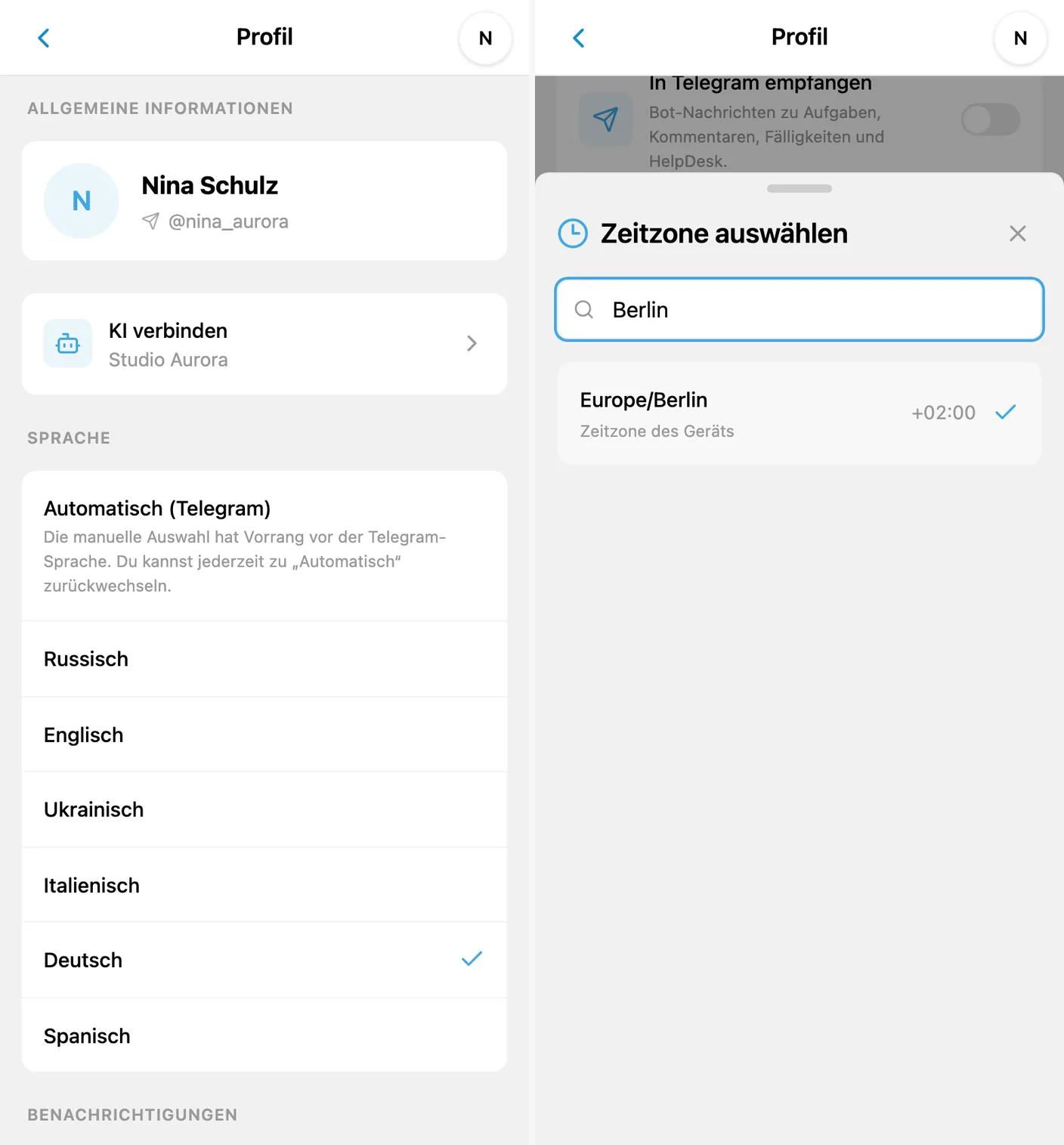 iTasks-Profil auf Deutsch und Auswahl der persönlichen Zeitzone Europe/Berlin