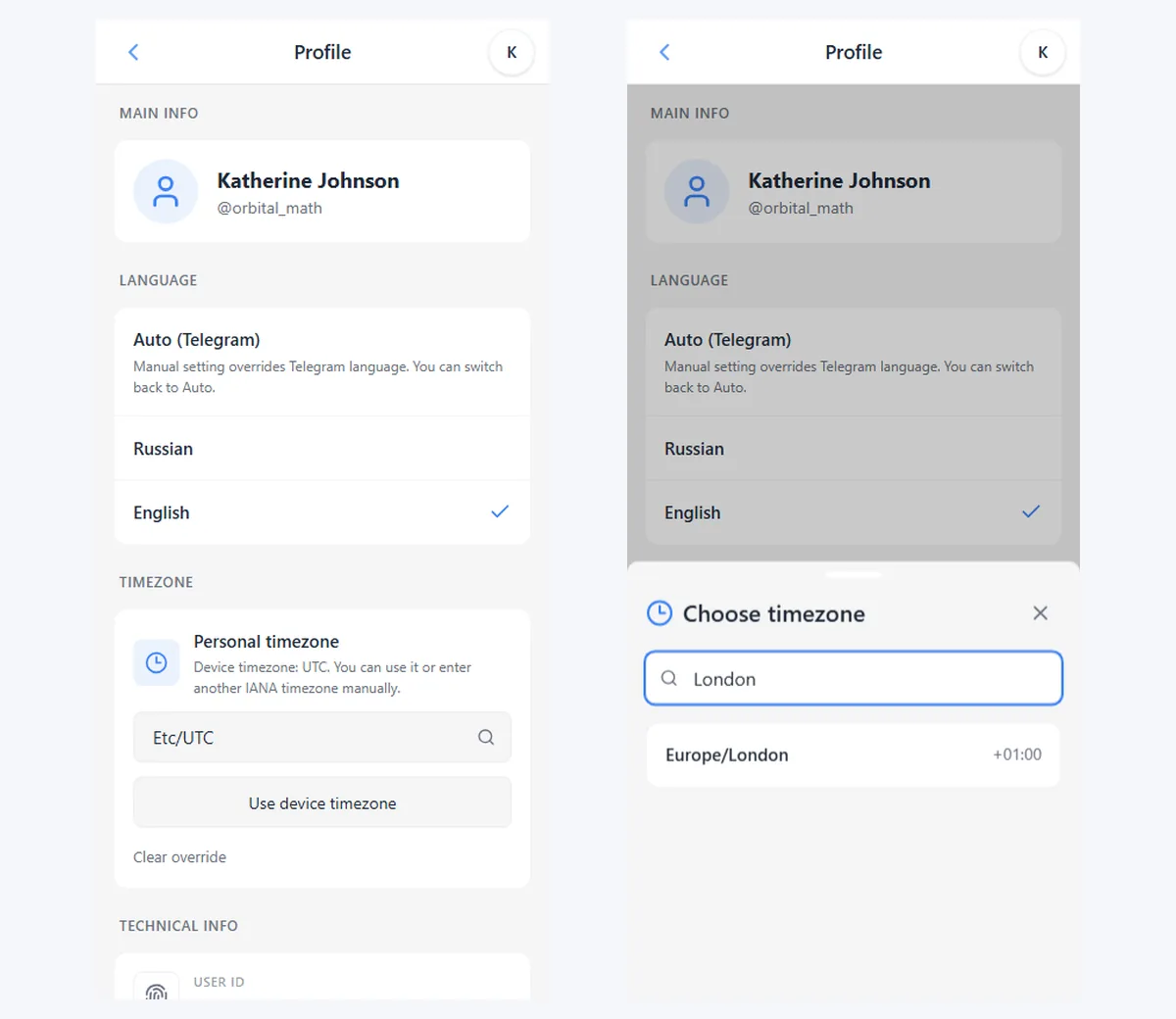 iTasks user profile, interface language selection, and personal timezone search