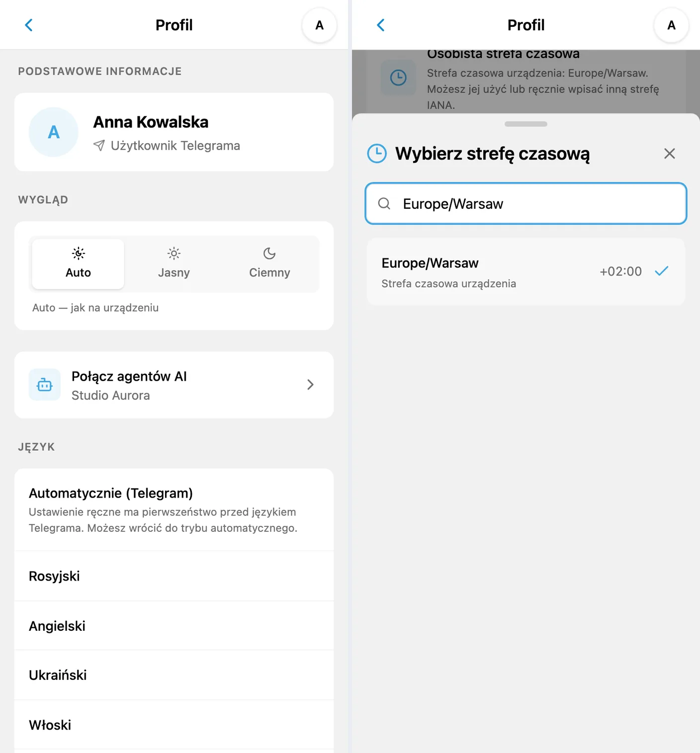 Profil iTasks po polsku z sekcją Wygląd i wybór osobistej strefy czasowej Europe/Warsaw