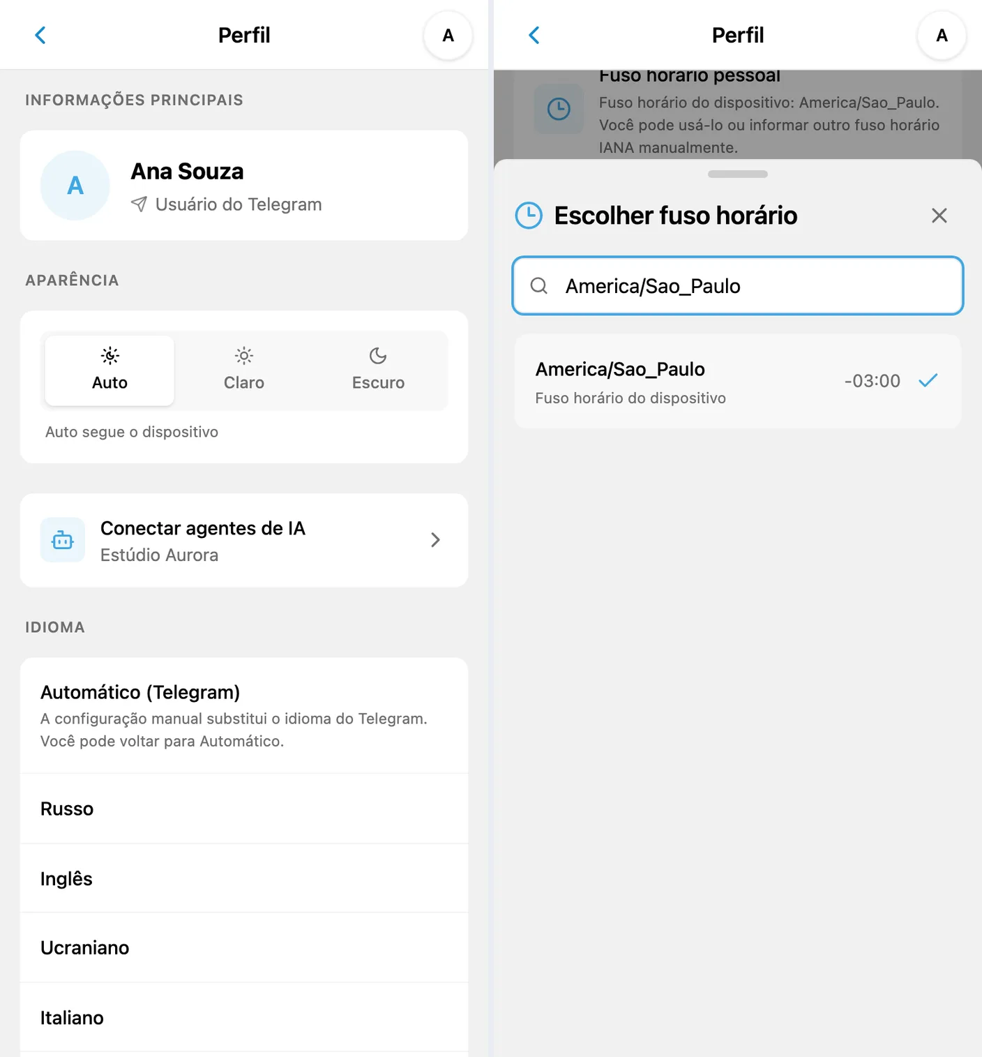 Perfil do iTasks em português com a seção Aparência e seleção do fuso horário pessoal America/Sao_Paulo