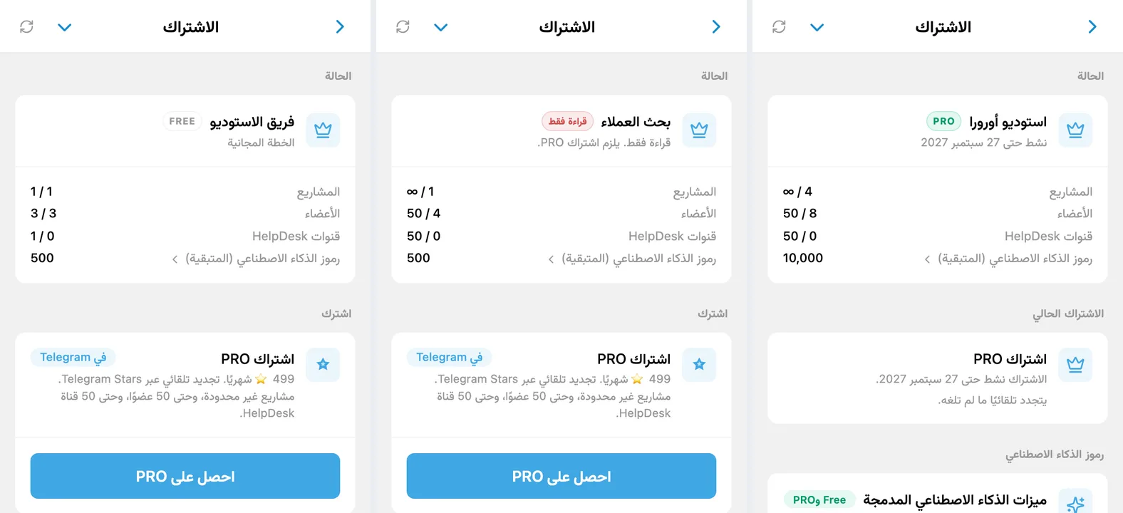 شاشة الاشتراك في iTasks بحالات مساحة العمل FREE والقراءة فقط وPRO