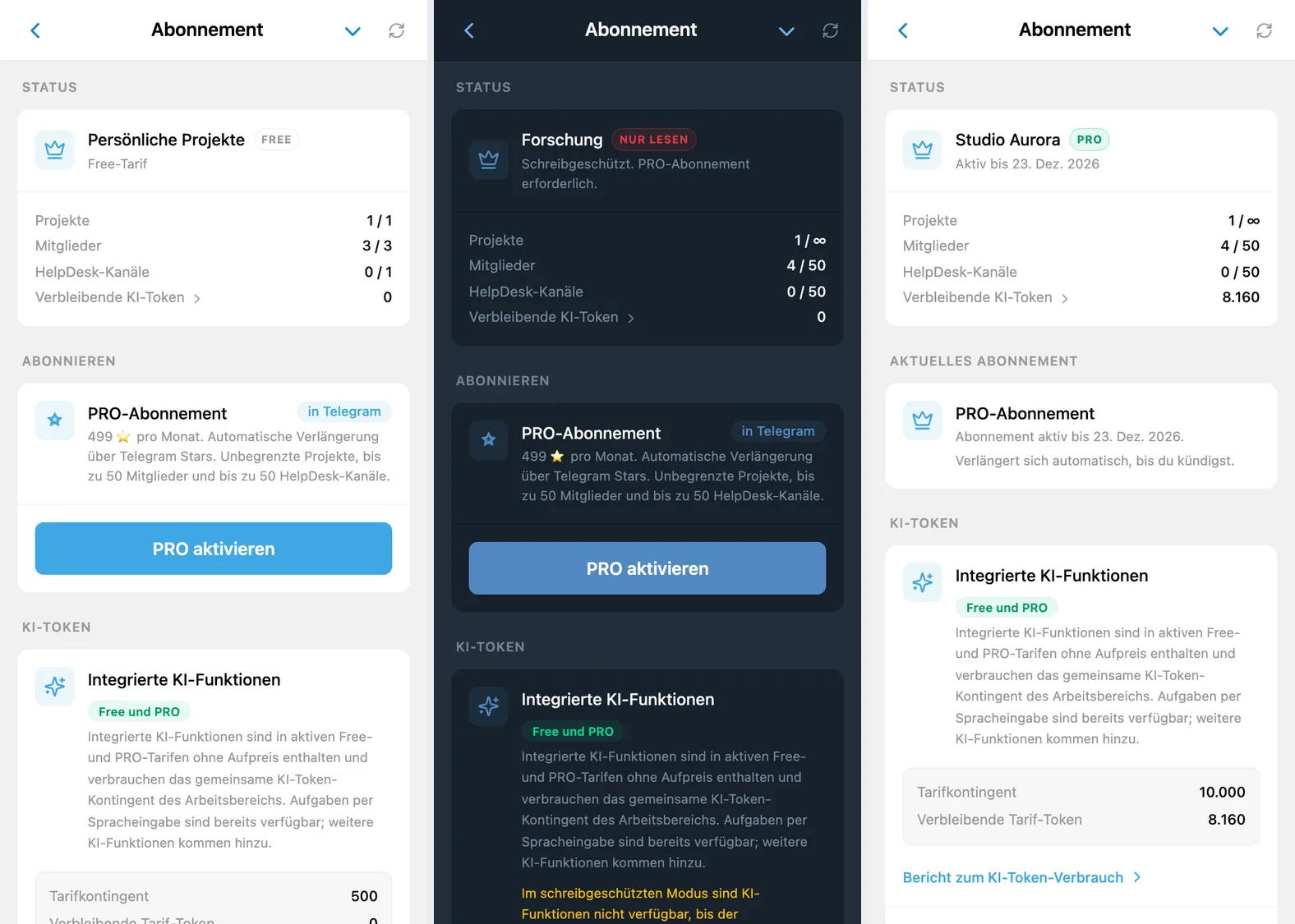 Abonnementseite in iTasks mit FREE-, Nur-lesen- und PRO-Arbeitsbereichen