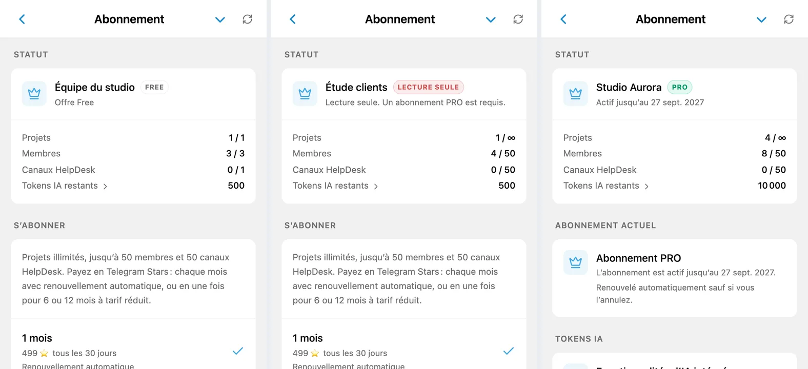 Écran d’abonnement iTasks avec les états Free, Lecture seule et PRO