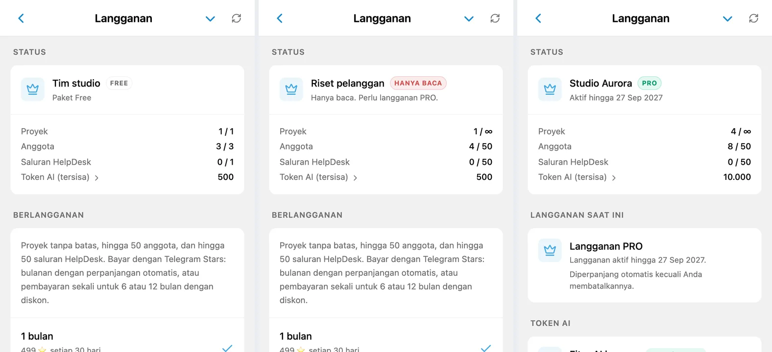 Layar langganan iTasks dengan status Free, Hanya baca, dan PRO