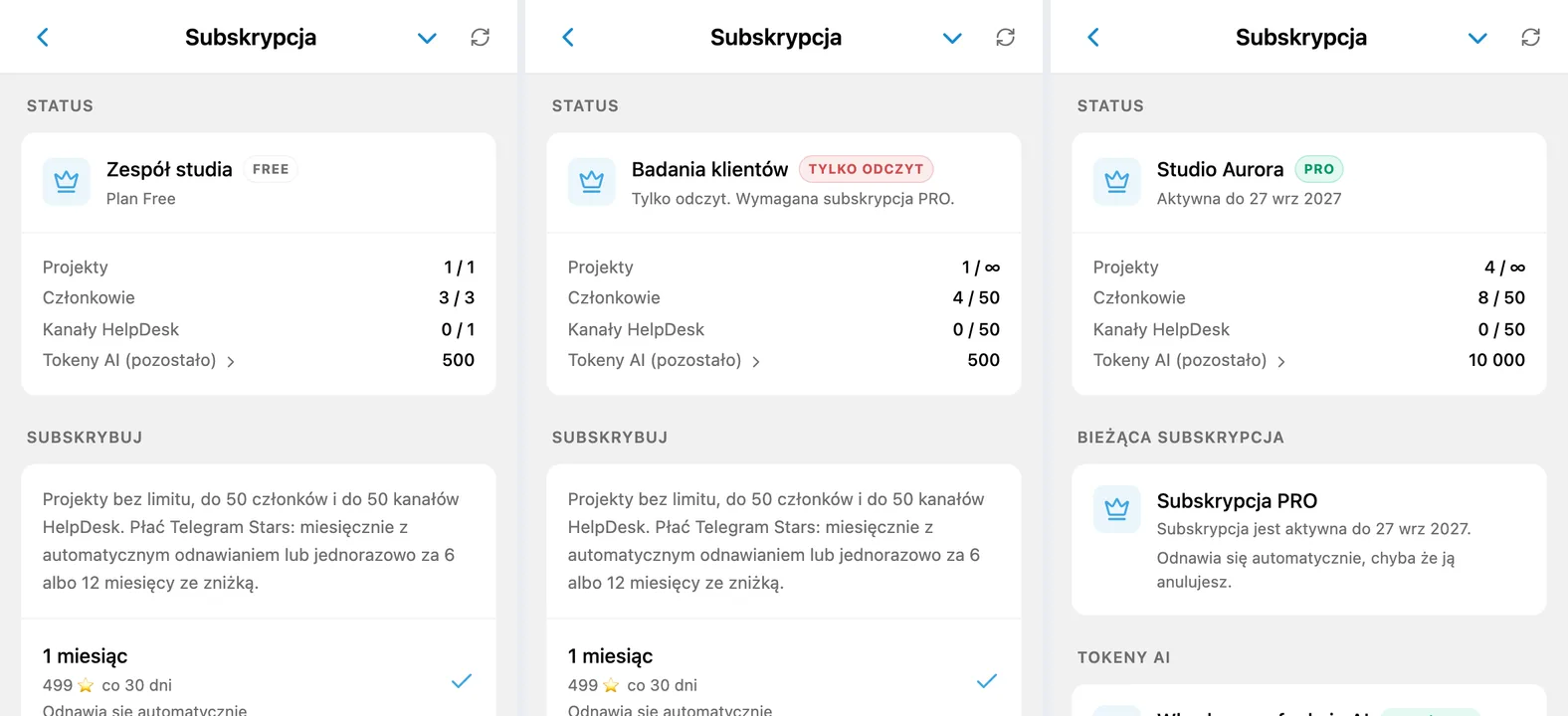 Ekran abonamentu iTasks w stanach Free, Tylko do odczytu i PRO