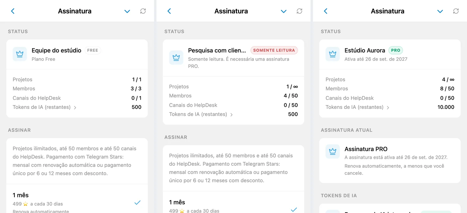 Tela de assinatura do iTasks com os estados FREE, Somente leitura e PRO