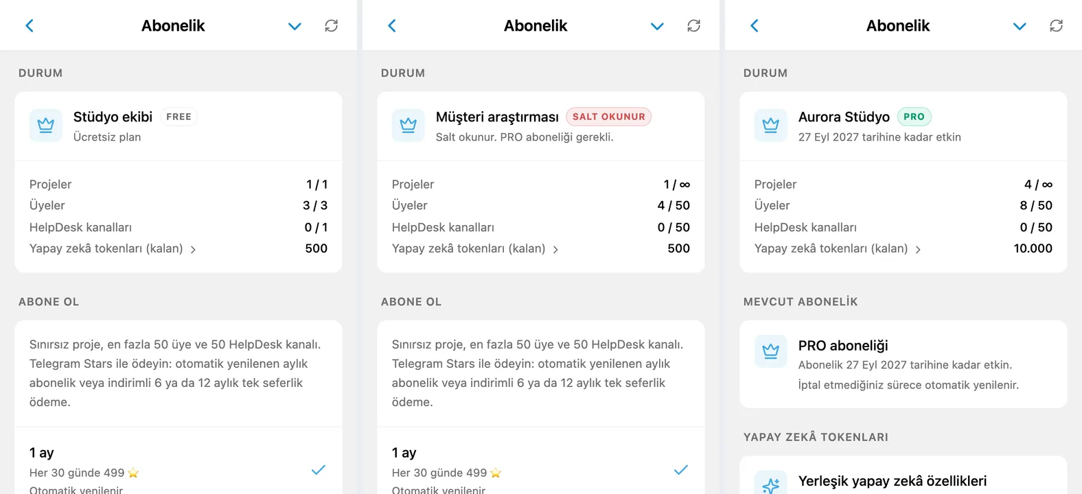 FREE, salt okunur ve PRO çalışma alanı durumlarıyla iTasks abonelik ekranı