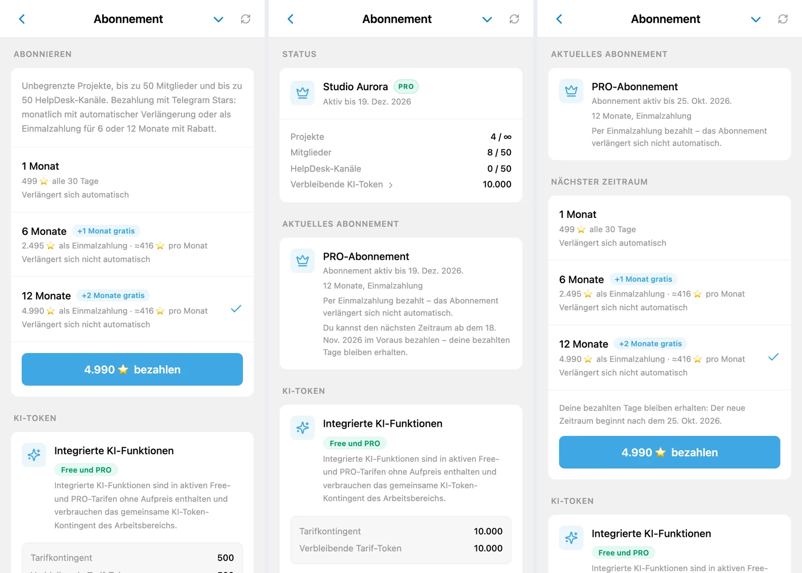 iTasks-Abonnementseite: Auswahl des Zeitraums mit Telegram Stars, ein bezahltes Jahr ohne automatische Verlängerung und der Block „Nächster Zeitraum“ nach der Erinnerung