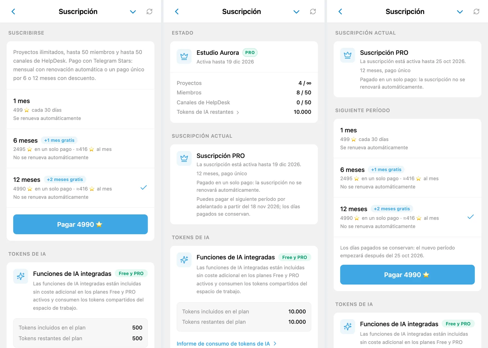 Pantalla de suscripción de iTasks: elección del período con Telegram Stars, un año pagado sin renovación automática y el bloque Siguiente período tras el recordatorio