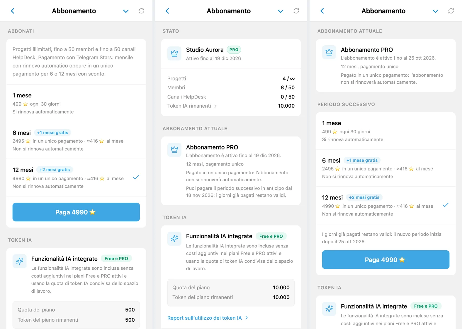 Schermata dell’abbonamento iTasks: scelta del periodo con Telegram Stars, anno pagato senza rinnovo automatico e blocco Periodo successivo dopo il promemoria