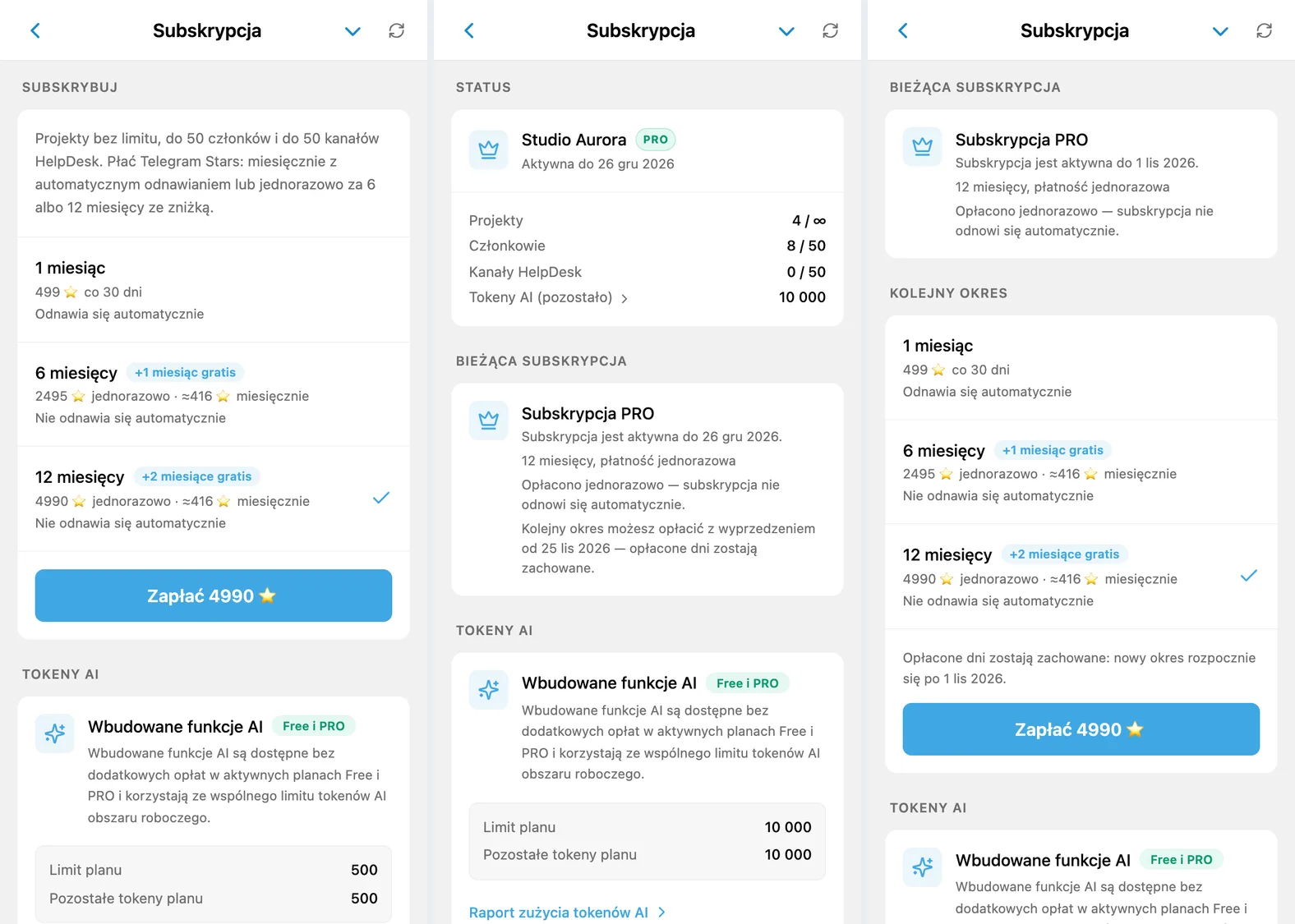 Wybór okresu za Stars, opłacony rok bez automatycznego odnawiania i blok następnego okresu