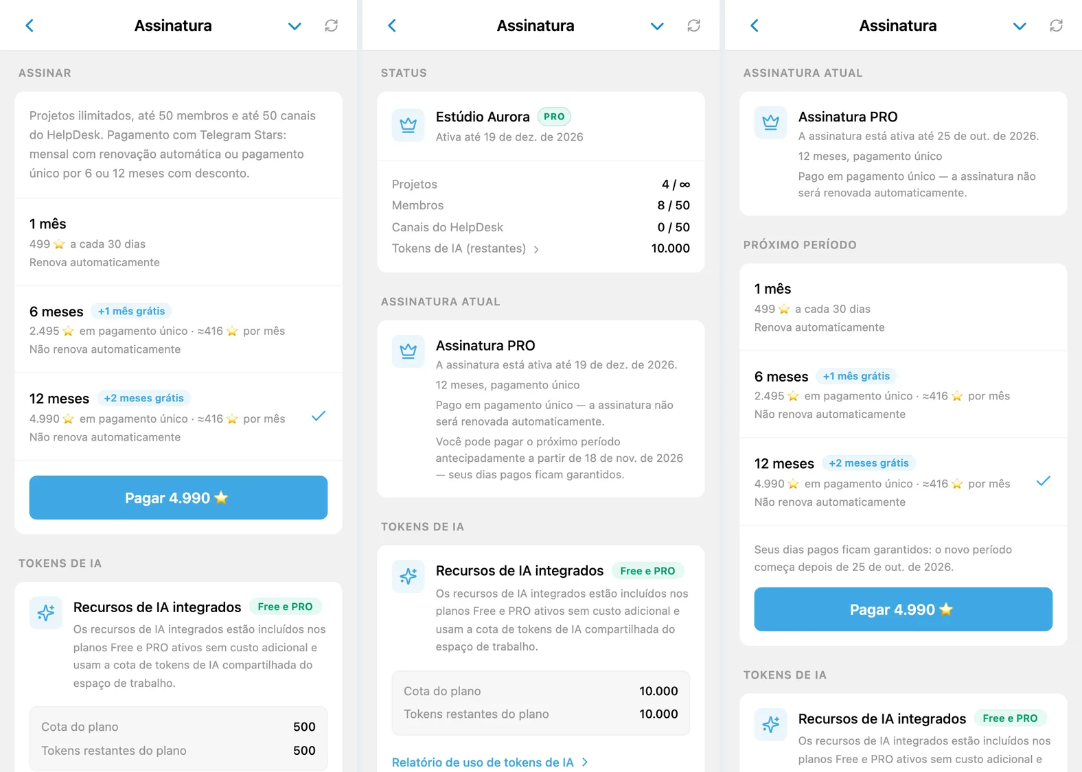 Tela de assinatura do iTasks: escolha do período com Telegram Stars, um ano pago sem renovação automática e o bloco Próximo período após o lembrete