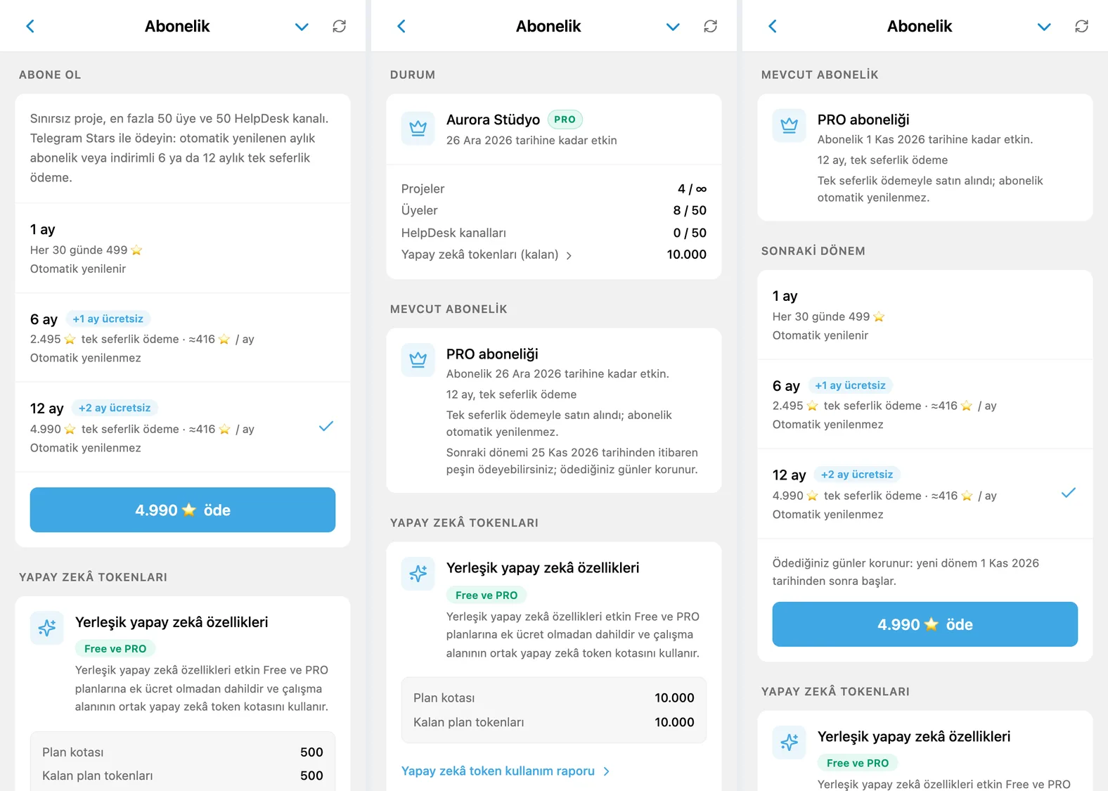 iTasks abonelik ekranı: Telegram Stars dönemi seçimi, otomatik yenilemesiz ödenmiş yıl ve hatırlatmadan sonra Sonraki dönem bölümü