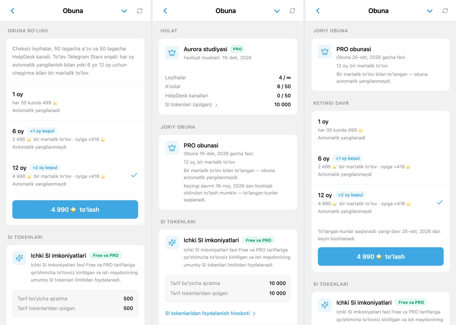 iTasks obuna ekrani: Telegram Stars orqali davrni tanlash, avtomatik yangilanmaydigan to‘langan yil va eslatmadan keyin ochiladigan «Keyingi davr» bloki