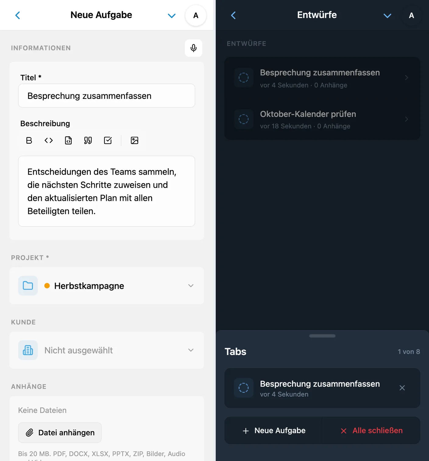 Formular für eine neue Aufgabe und die Tabübersicht mit derselben unvollständigen Aufgabe