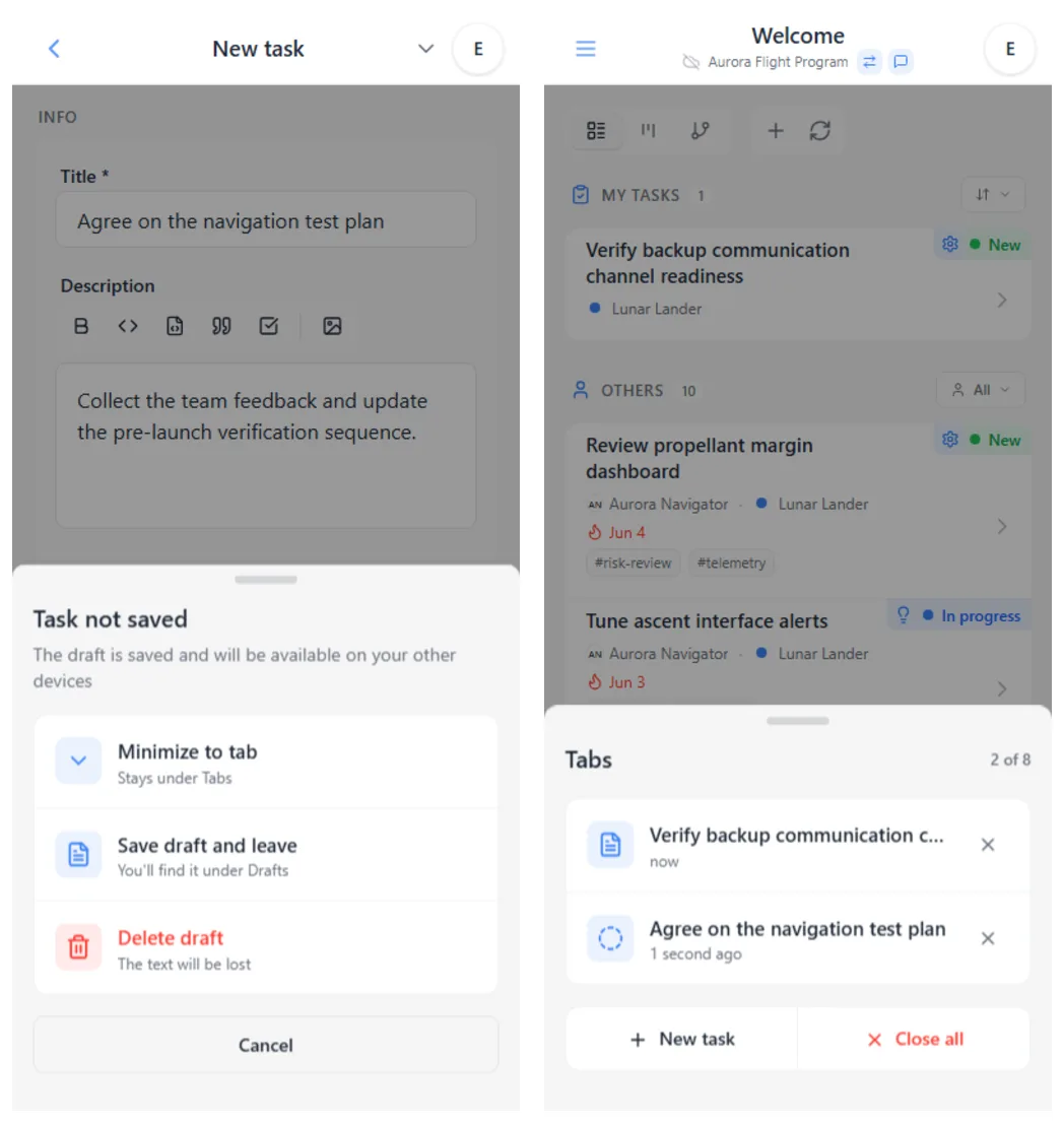 iTasks tabs: an unfinished task going into a tab, next to the list of open tabs