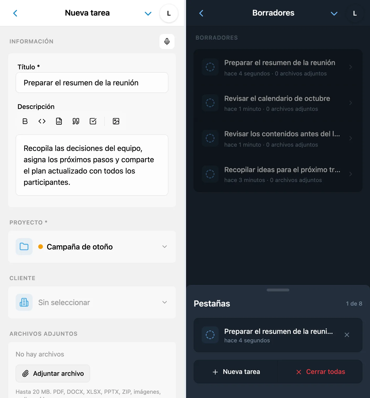 Formulario de nueva tarea y panel de pestañas con la misma tarea sin terminar