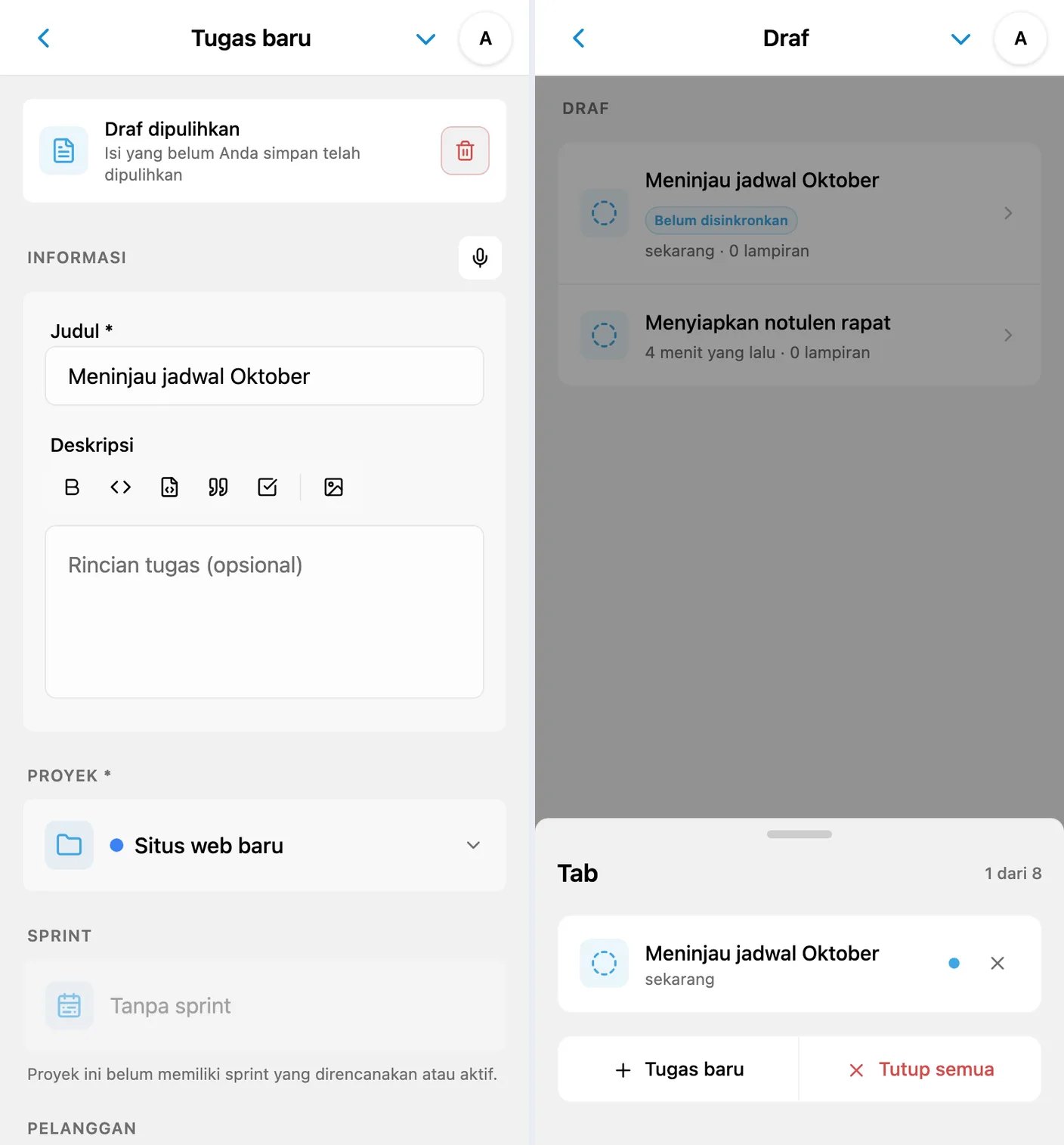 Formulir tugas baru dan panel tab dengan tugas belum selesai yang sama