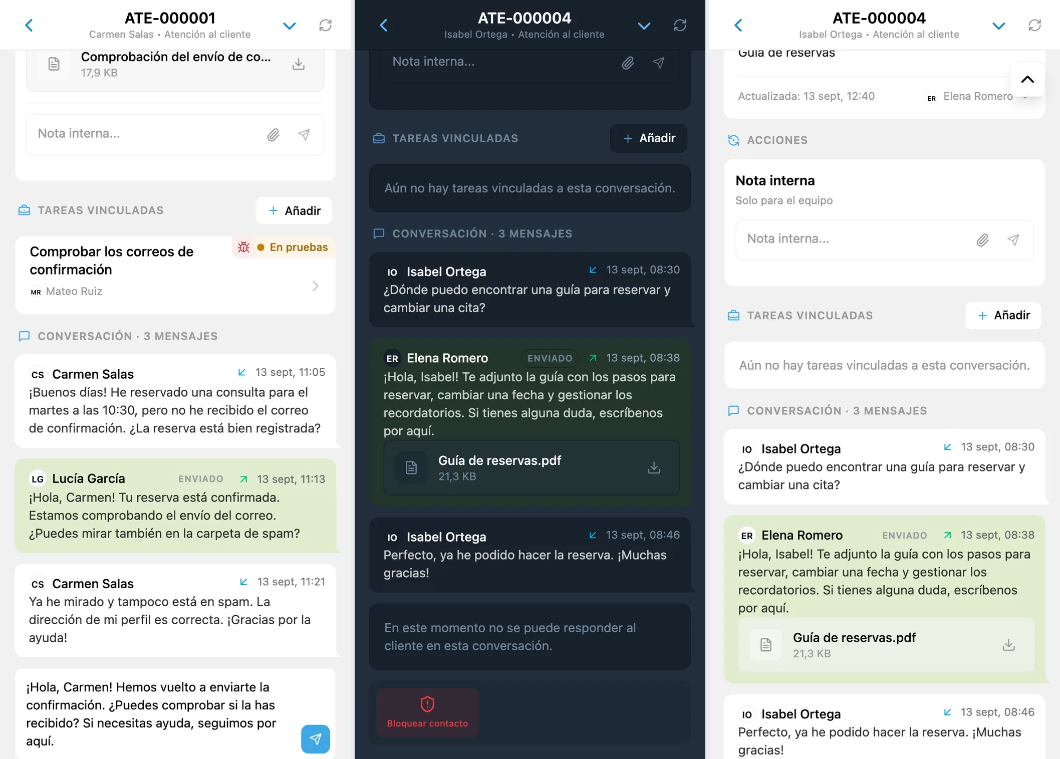 Borrador de respuesta y guía en PDF dentro de una conversación con un cliente