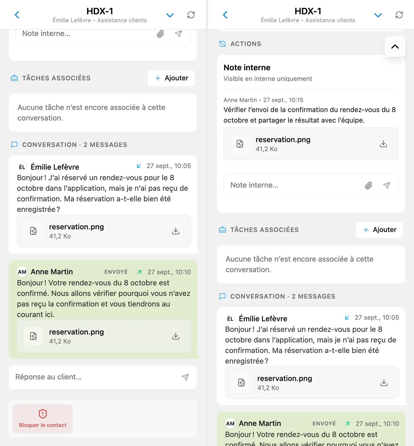 Fichiers dans un message client, réponse envoyée et note interne