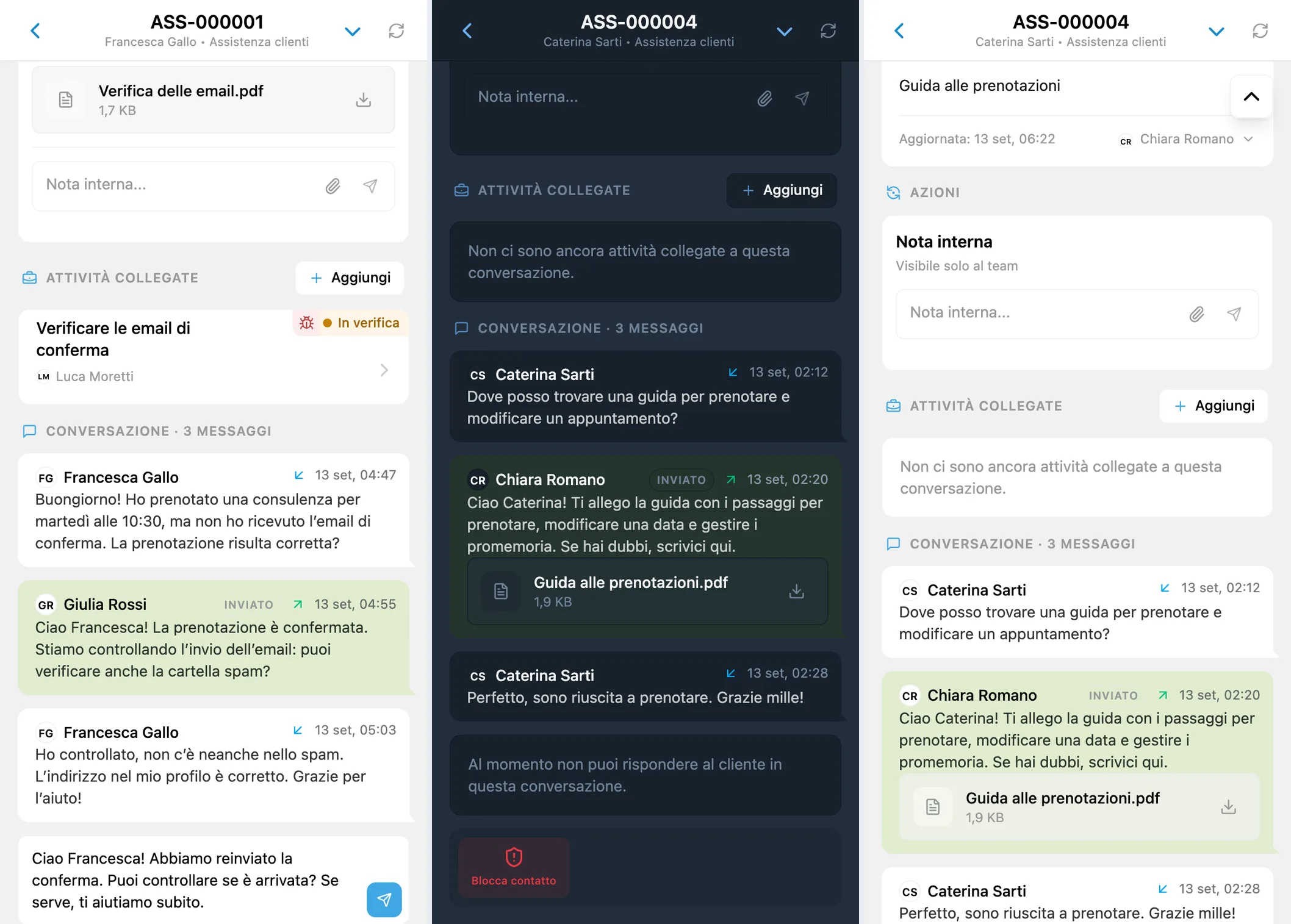 Risposta in preparazione e guida PDF nella cronologia della conversazione con Caterina