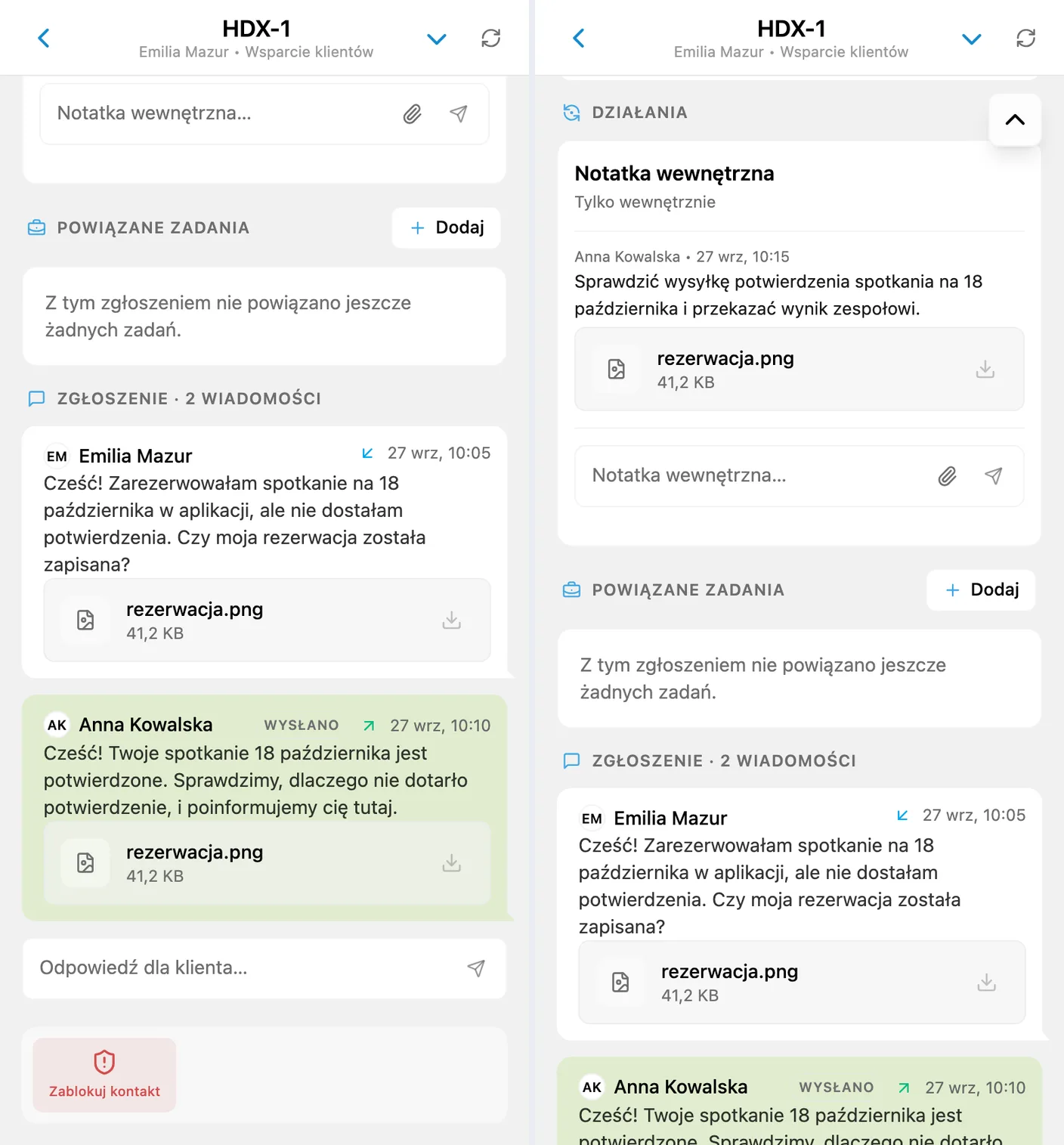 Pliki w wiadomości klienta, wysłana odpowiedź i notatka wewnętrzna
