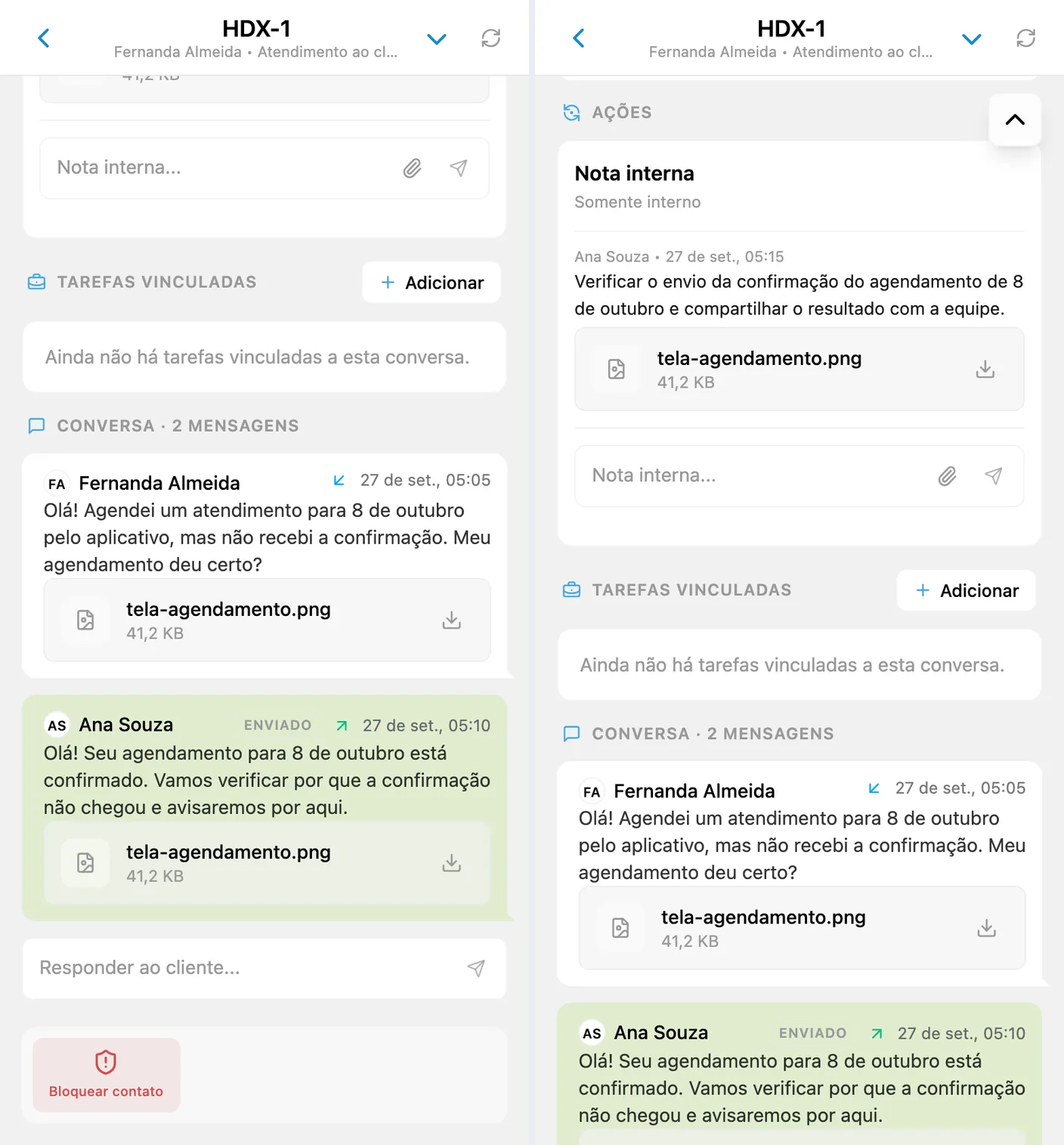 Arquivos em uma mensagem de cliente, resposta enviada e nota interna