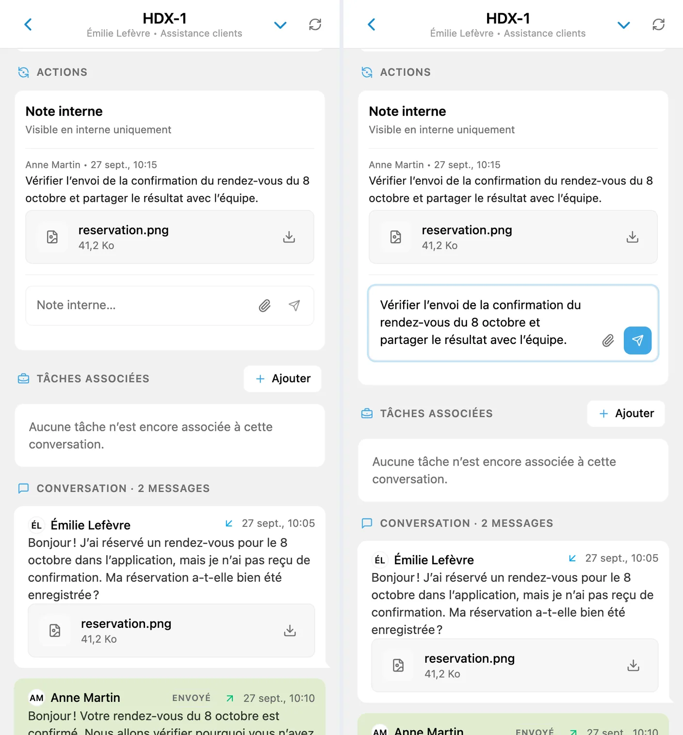 Note interne enregistrée avec un fichier et brouillon d’une nouvelle note