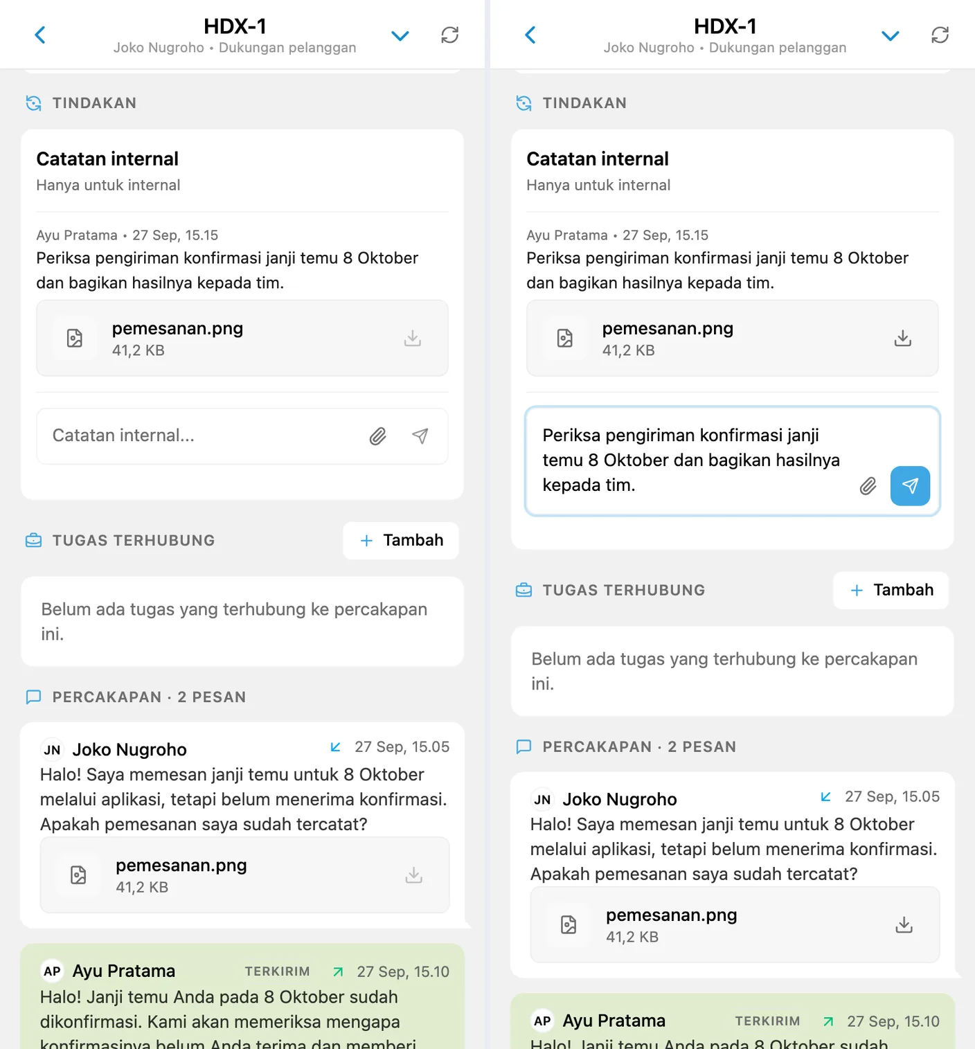 Catatan internal tersimpan dengan berkas dan draf catatan baru