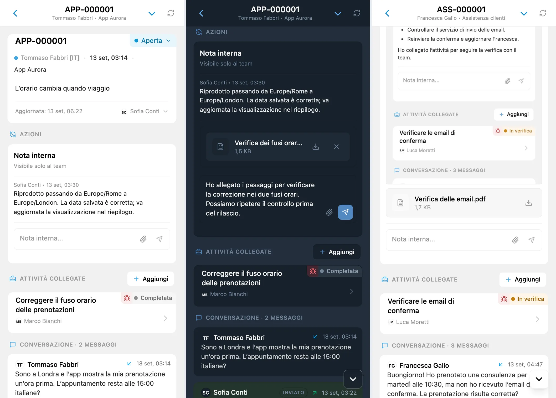 Nota interna, bozza con un PDF caricato e allegati della verifica riservati al team