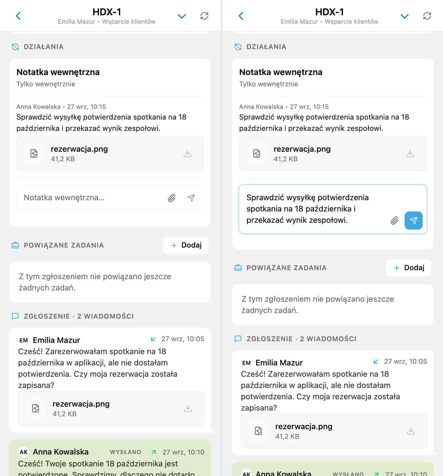 Zapisana notatka wewnętrzna z plikiem oraz szkic nowej notatki