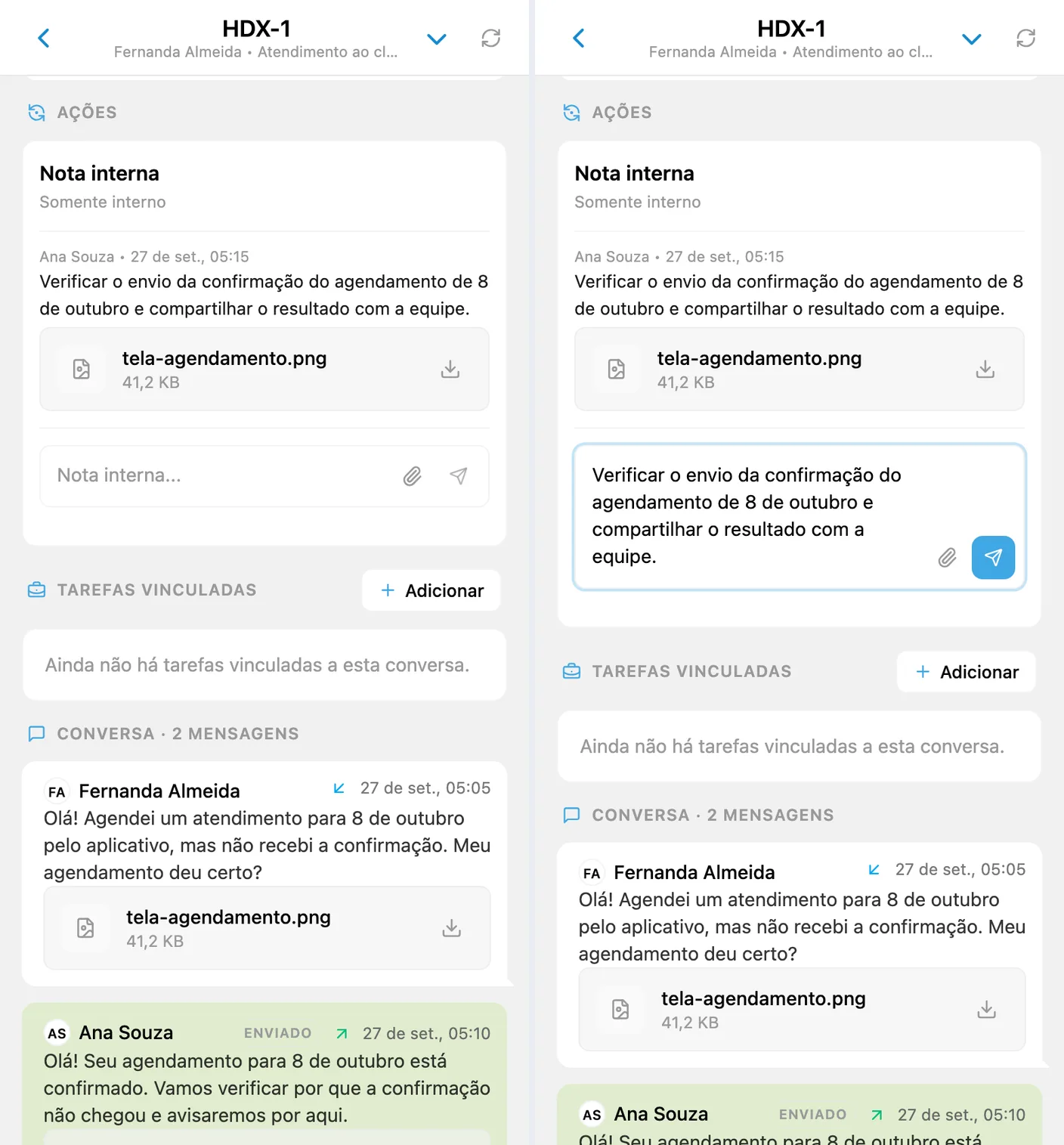 Nota interna salva com arquivo e rascunho de uma nova nota