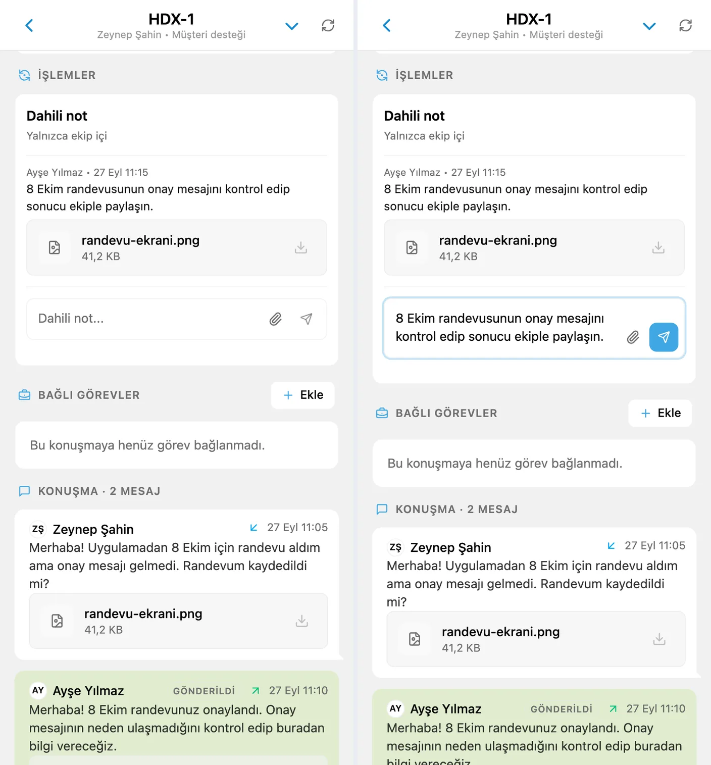 Dosya içeren kayıtlı dahili not ve yeni not taslağı