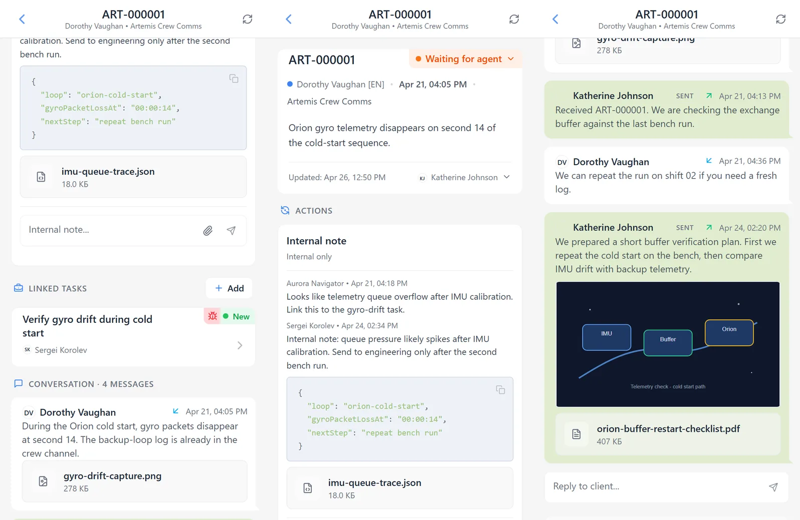 HelpDesk timeline with a client image, an external document reply, and an internal attachment