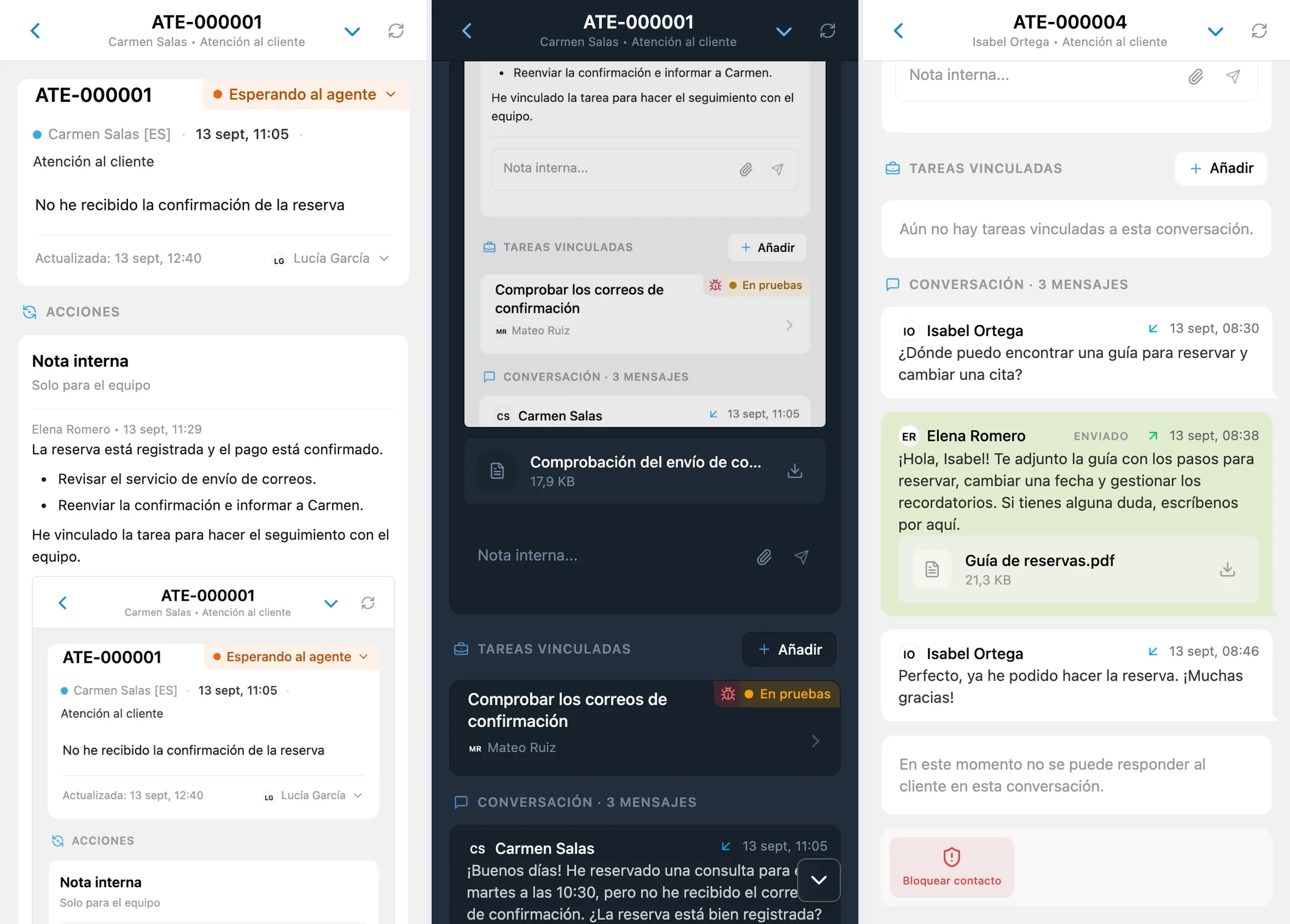 Resumen de la solicitud, archivos internos y PDF compartido con un cliente