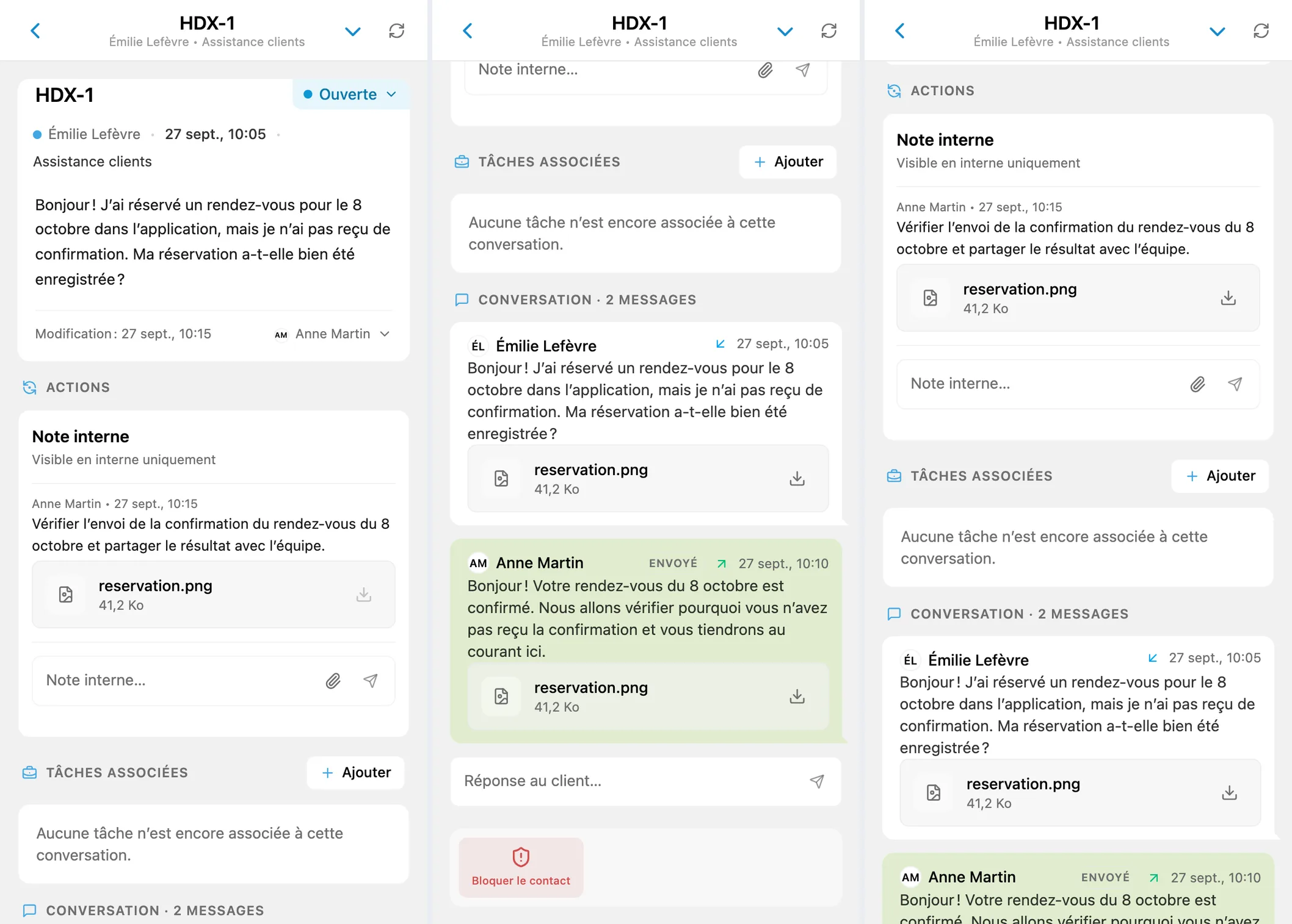 Résumé de la demande, fichiers dans la conversation client et note interne