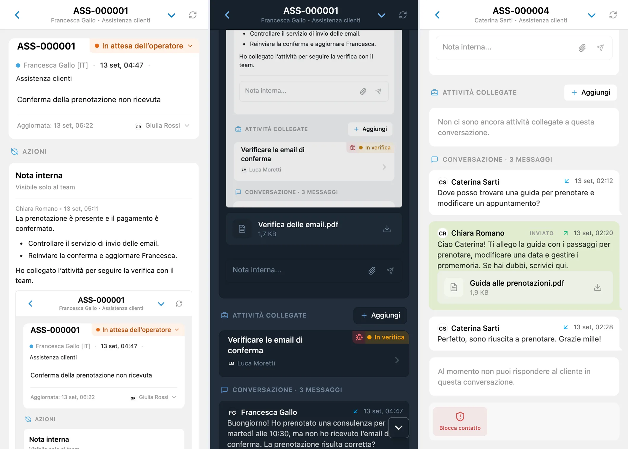 Riepilogo di una richiesta, allegati interni e guida PDF condivisa in una conversazione cliente