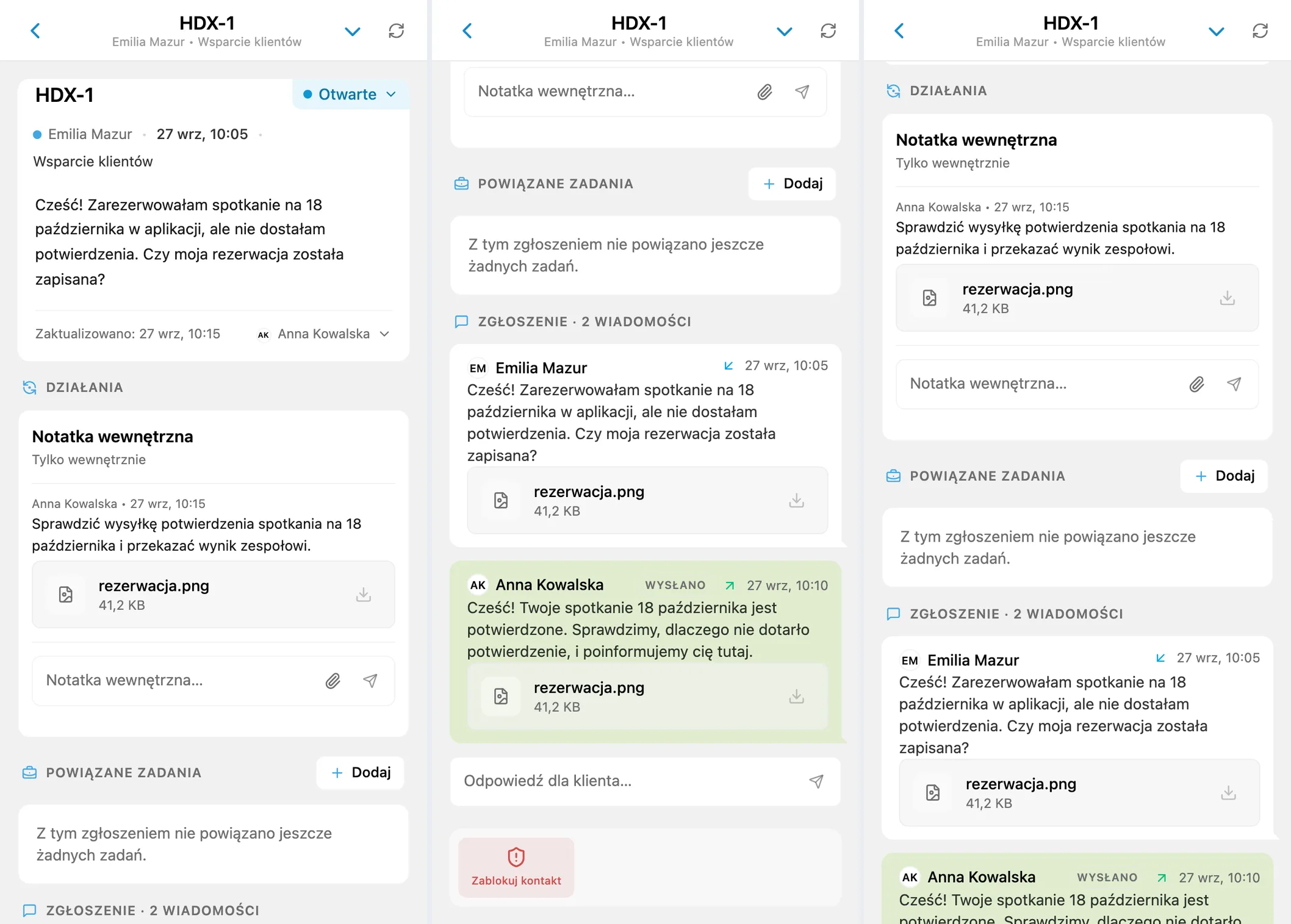 Podsumowanie zgłoszenia, pliki w rozmowie klienta i notatka wewnętrzna
