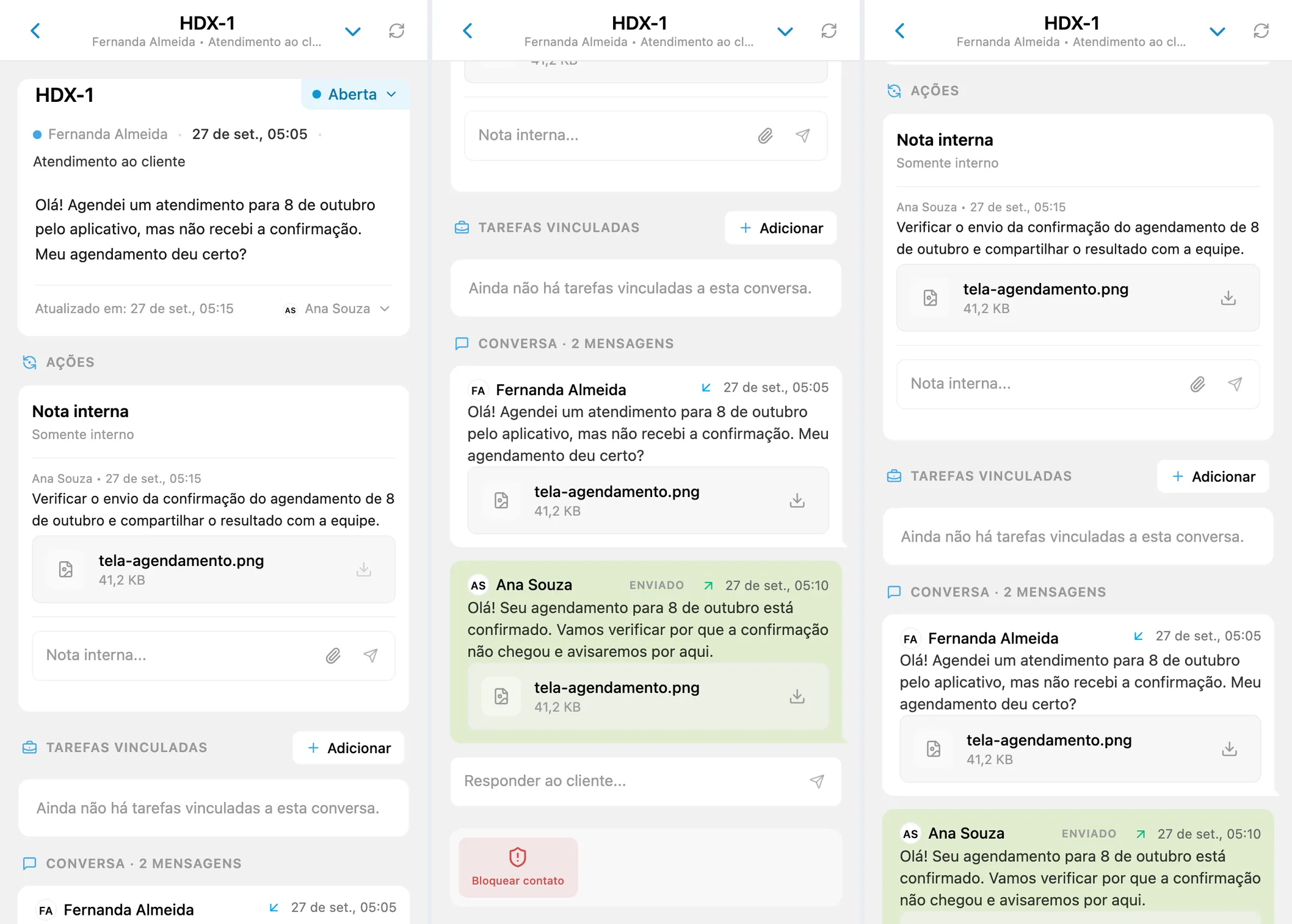 Resumo da solicitação, arquivos da conversa com o cliente e nota interna