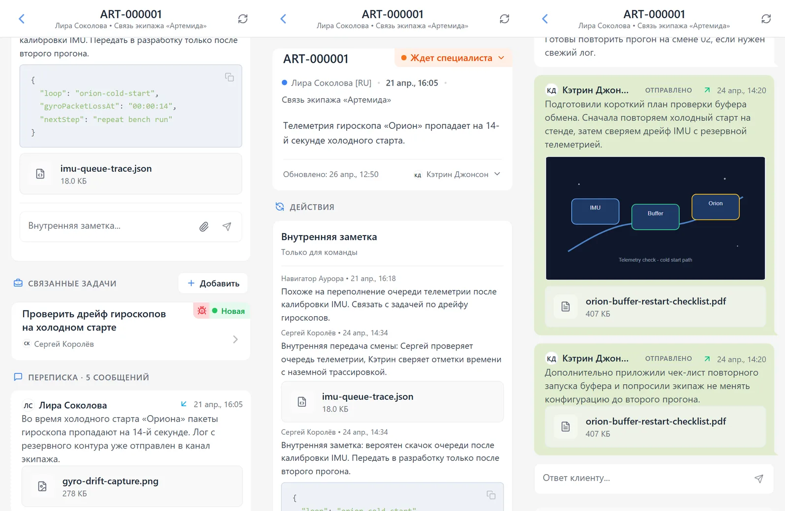 История обращений HelpDesk с клиентским изображением, ответом и внутренним вложением
