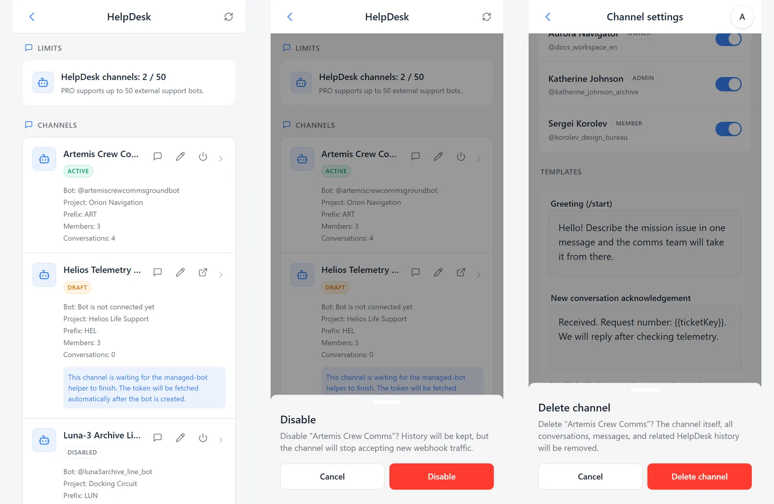 Disabling an active channel and confirming HelpDesk channel deletion