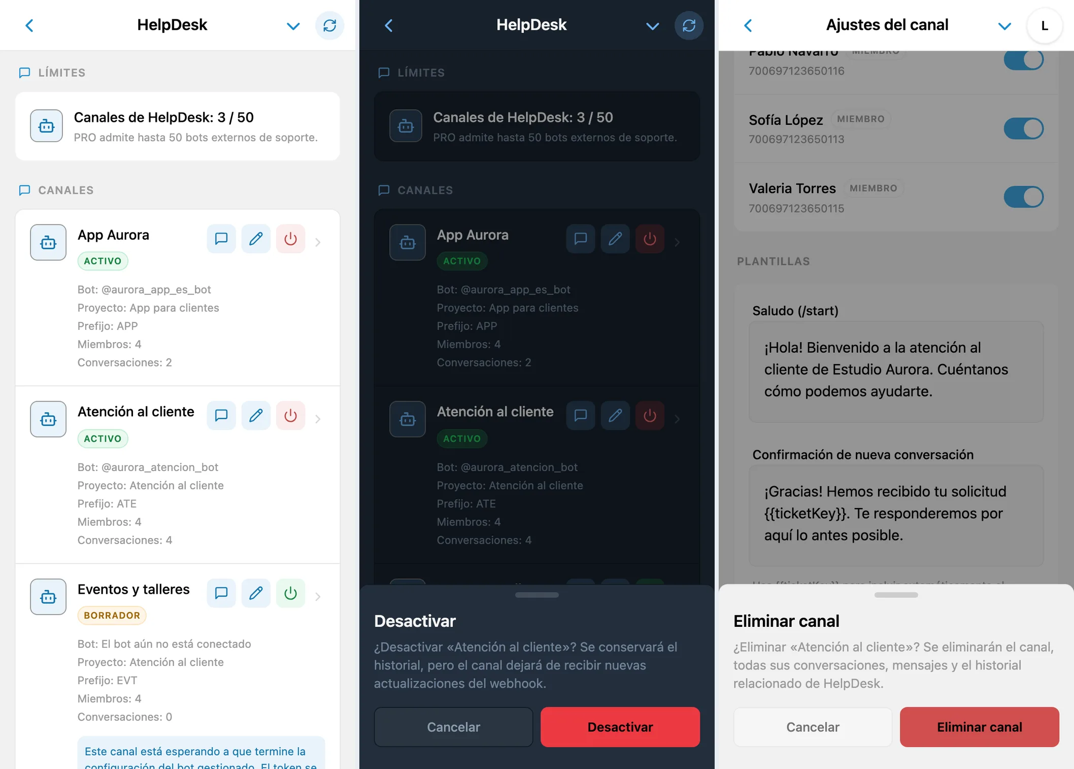 Lista de canales y confirmaciones para desactivar o eliminar un canal de HelpDesk