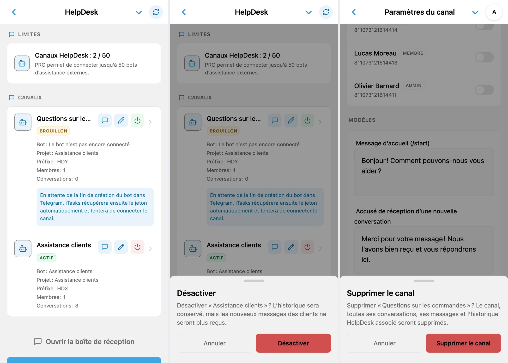 Liste des canaux et confirmations de désactivation ou de suppression